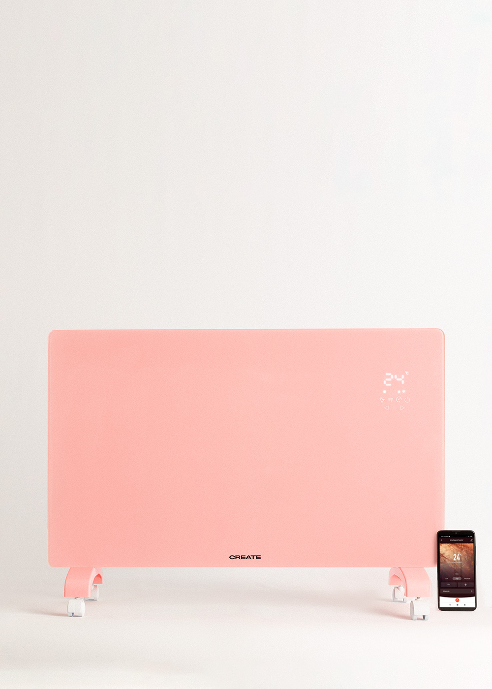 Un calefactor eléctrico rosa con pantalla digital. Un teléfono está en la esquina.