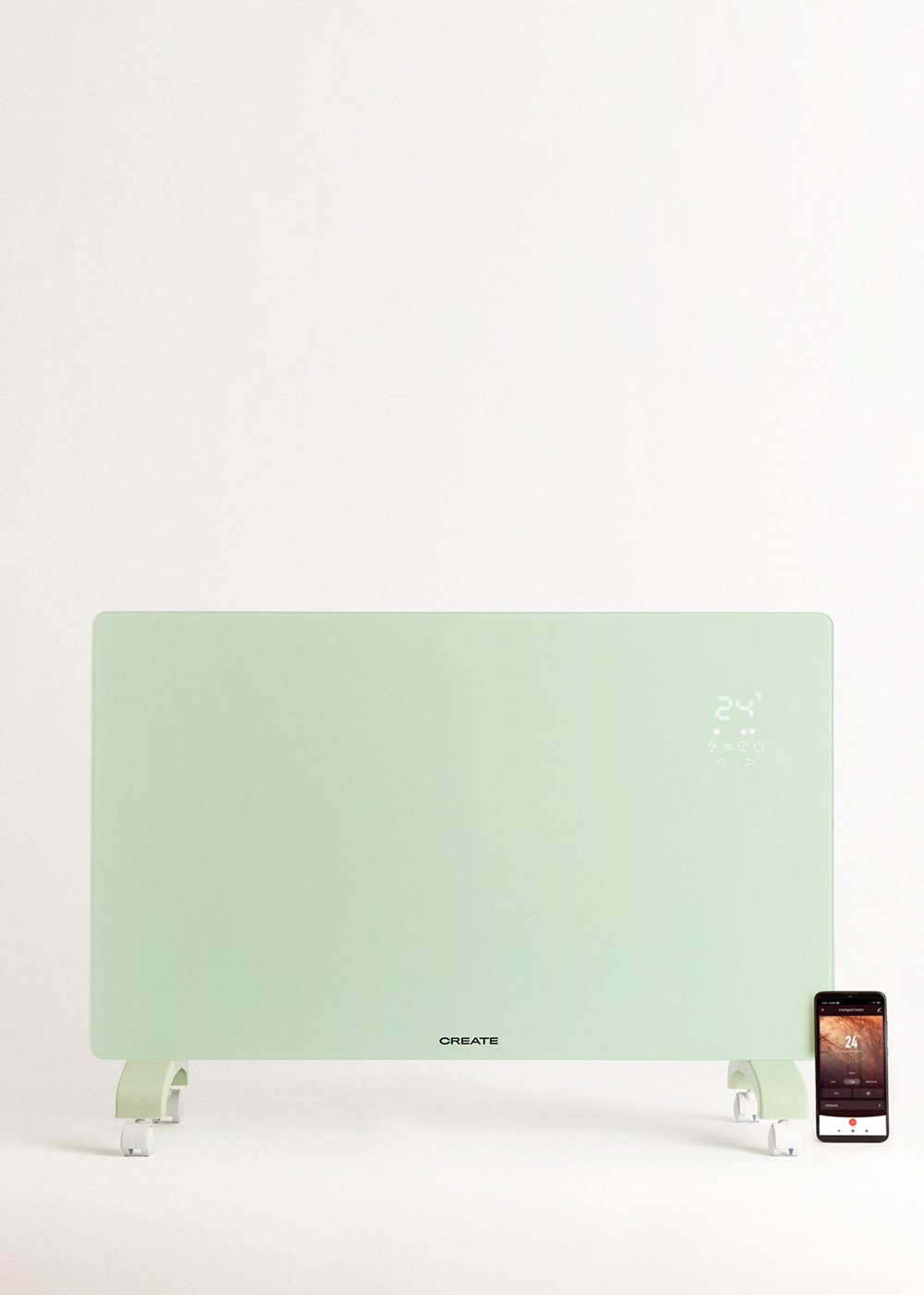 Calentador de panel de vidrio verde con pantalla digital y un smartphone. Fondo blanco.