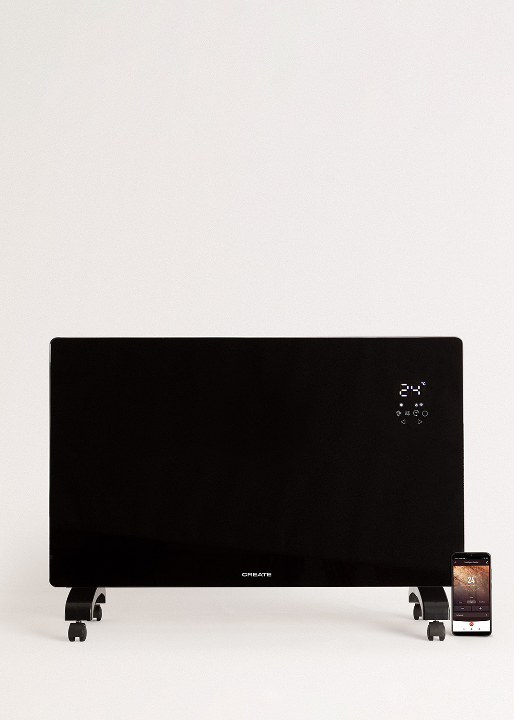 Un calefactor eléctrico negro sobre ruedas con pantalla digital y teléfono.