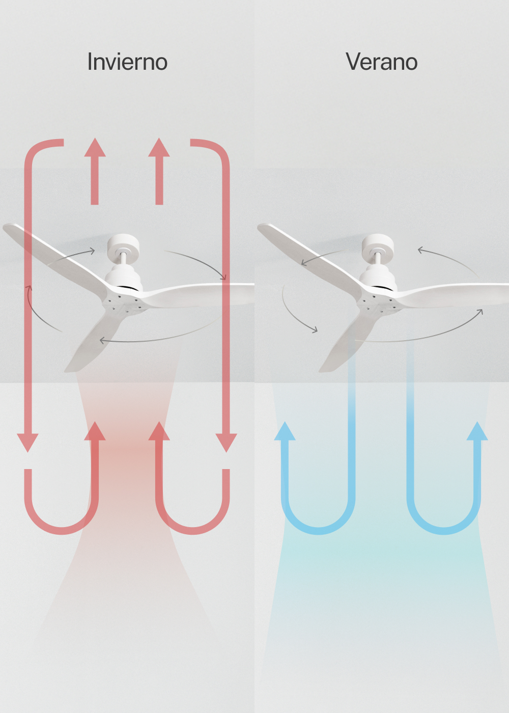 Ilustración de ventiladores de techo: Invierno (flujo de aire descendente), Verano (flujo de aire ascendente).