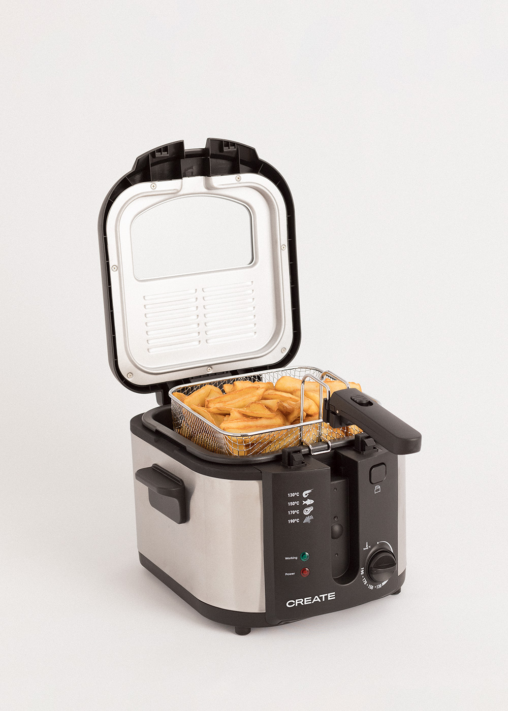 Una freidora de acero inoxidable con una cesta de papas fritas, tapa abierta, y la palabra CREATE.