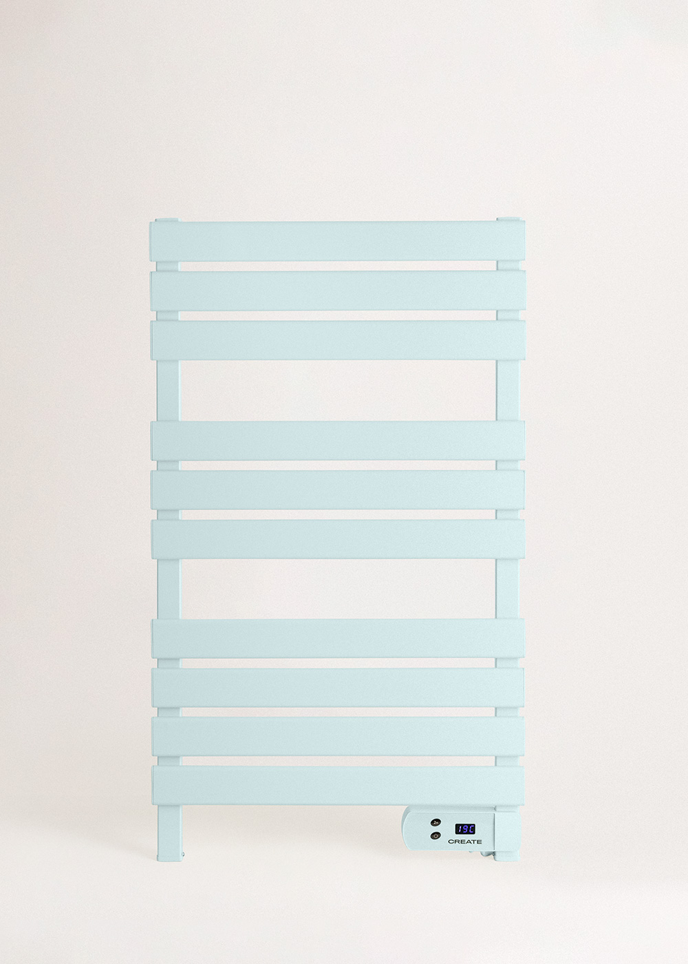 Un toallero azul claro sobre un fondo blanco. Tiene una pantalla digital.