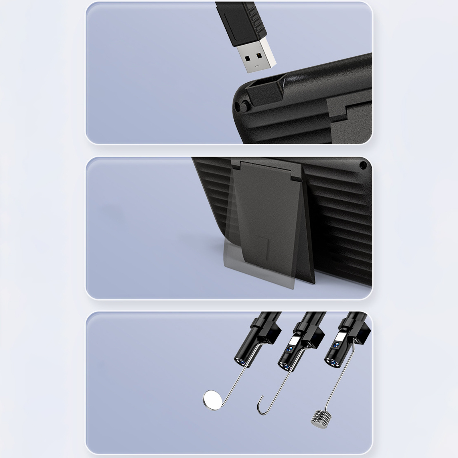 Drei Nahaufnahmen eines Geräts: USB-Stecker, Ständer und Reinigungswerkzeuge.