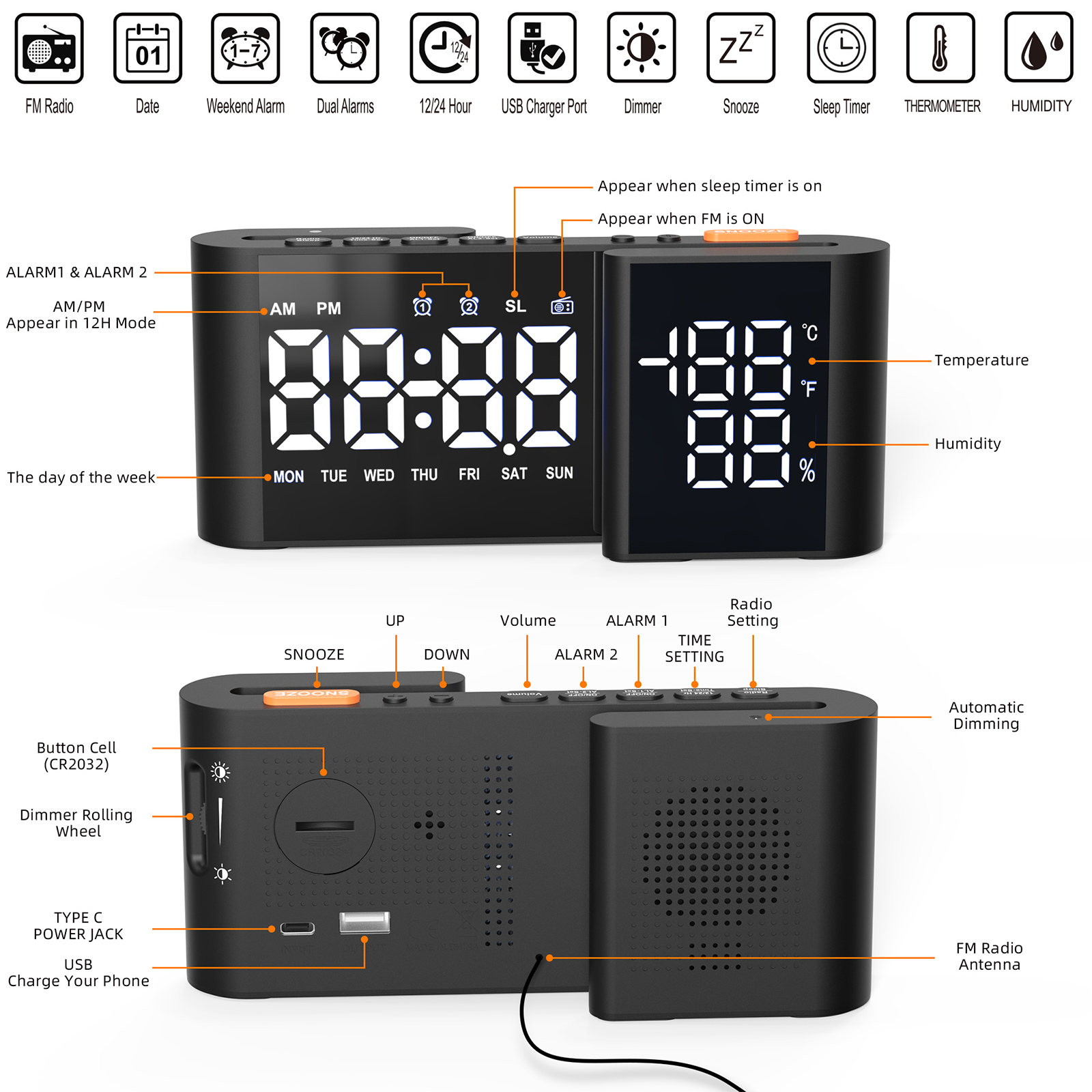 Schwarze Digitaluhr mit mehreren Funktionen. Der Hintergrund ist weiß.