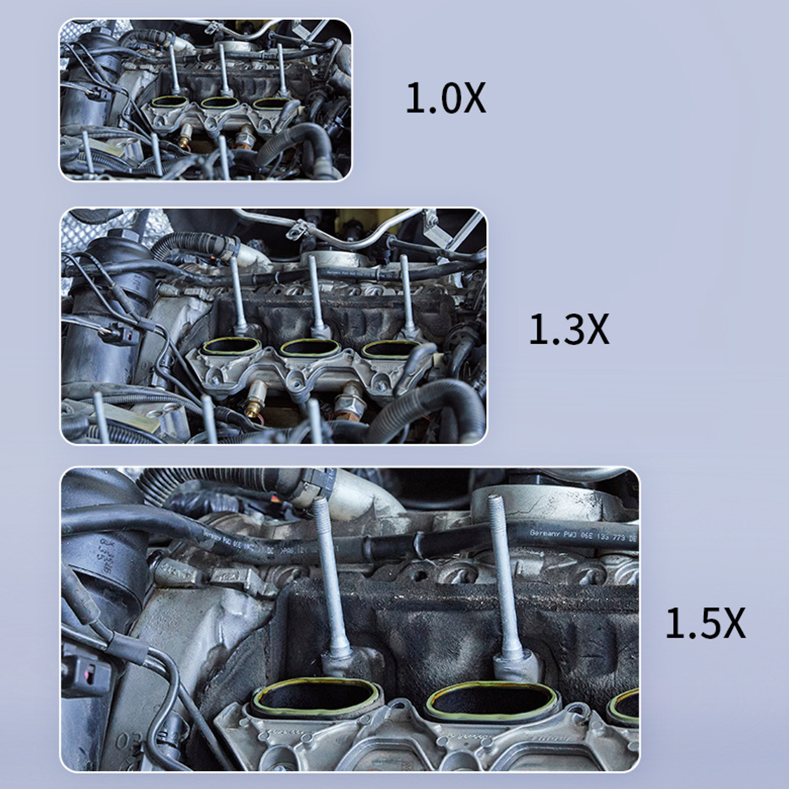 Motor mit Vergrößerungsstufen 1,0x, 1,3x und 1,5x.