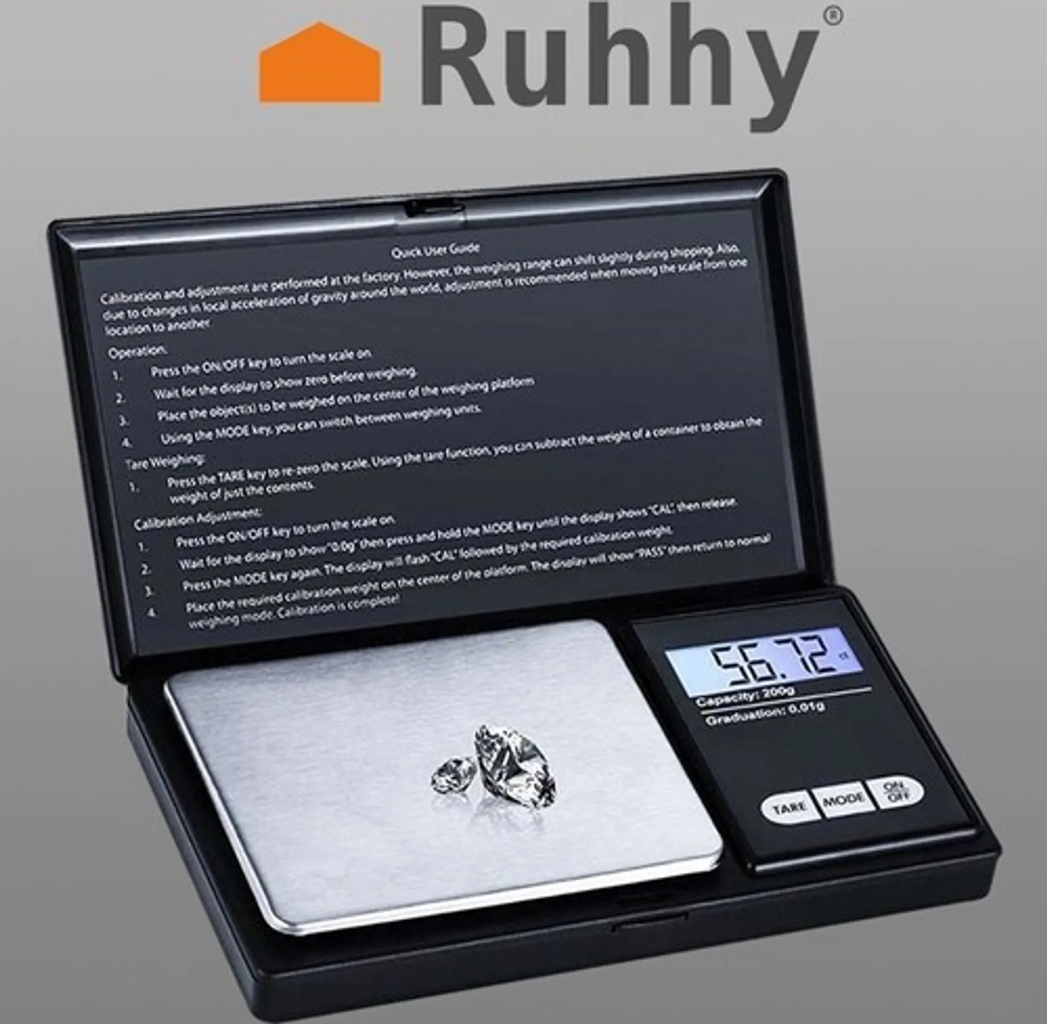 Schwarze Waage mit Diamanten, Digitalanzeige mit Gewicht und Bedienknöpfen.