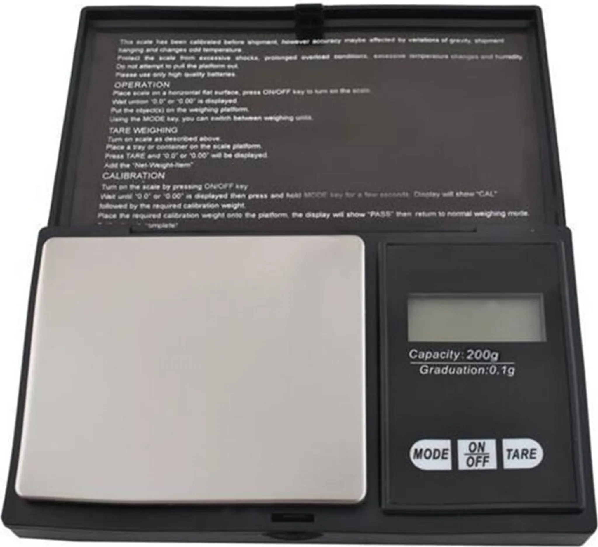 Kleine Digitalwaage mit offenem Deckel. Das Display zeigt Zahlen und Knöpfe für Modus, Ein/Aus usw.