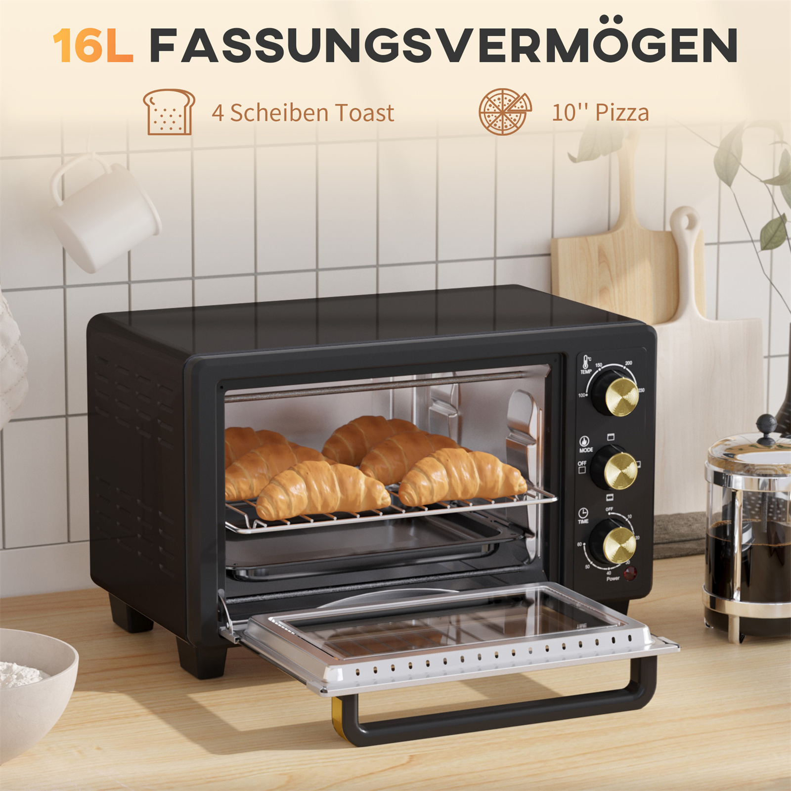 Schwarzer Toasterofen mit Essen darin. Zeigt ein Fassungsvermögen von 16 l. Toast- und Pizza-Symbole.