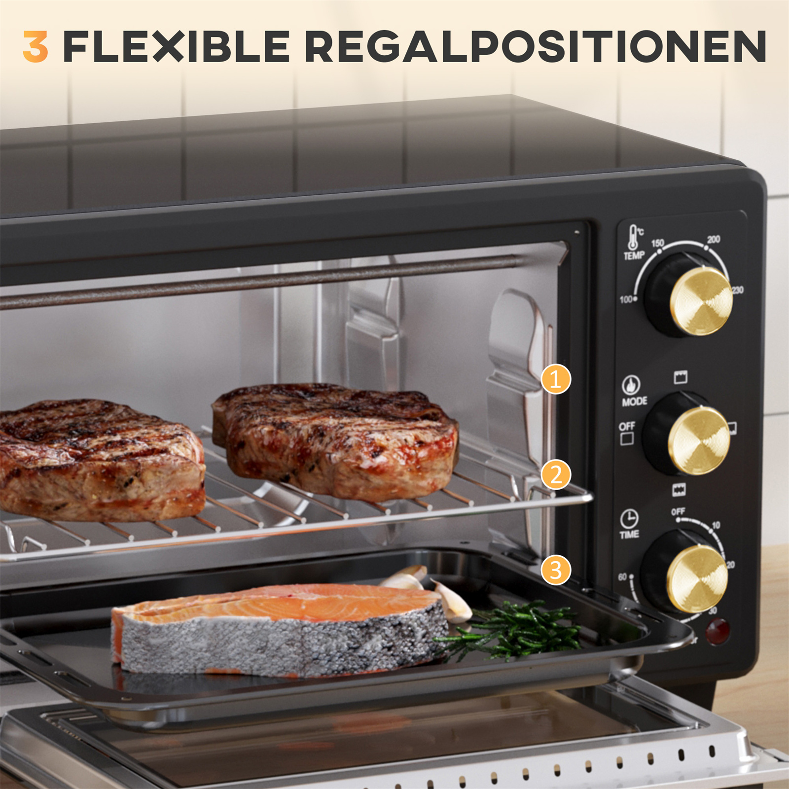 Ein Ofen mit Essen auf den Rosten. Es hat Knöpfe und Drehregler für Temperatur und Zeit.