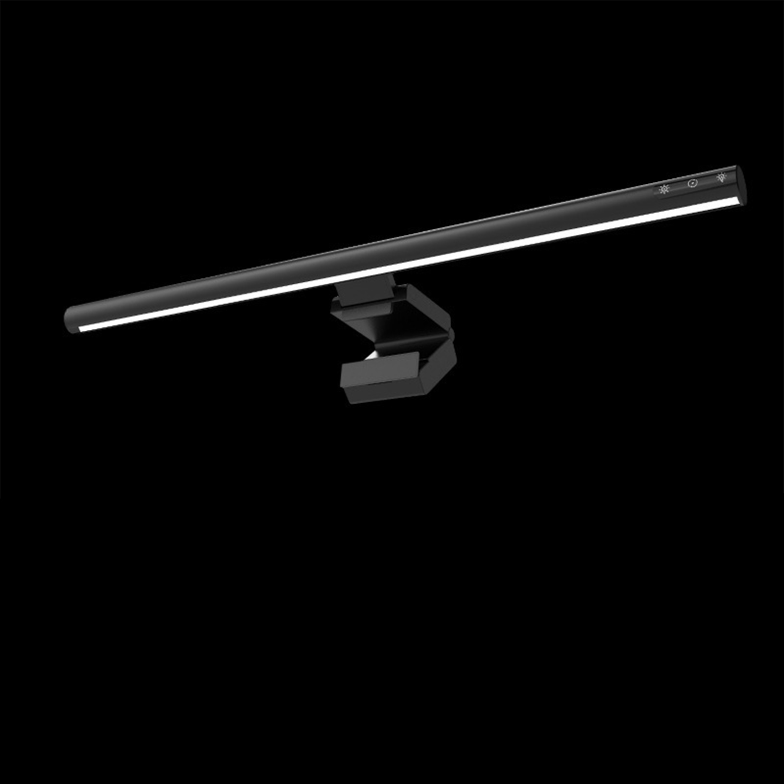 Eine schwarze Schreibtischlampe mit einem langen, dünnen Lichtbalken, auf schwarzem Ständer.