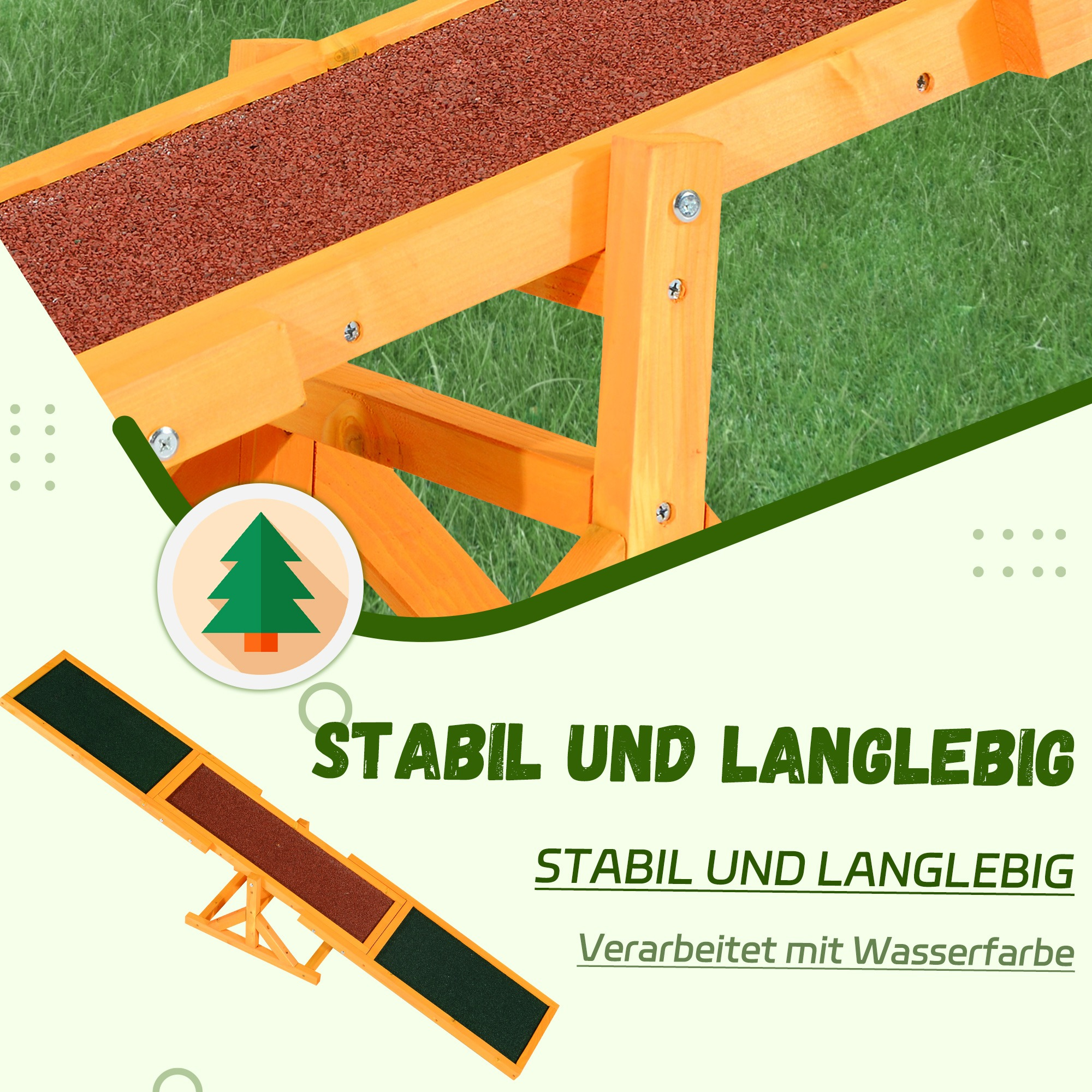 Hunderampe, Holz mit brauner Oberfläche. Text: 'STABIL UND LANGLEBIG'.