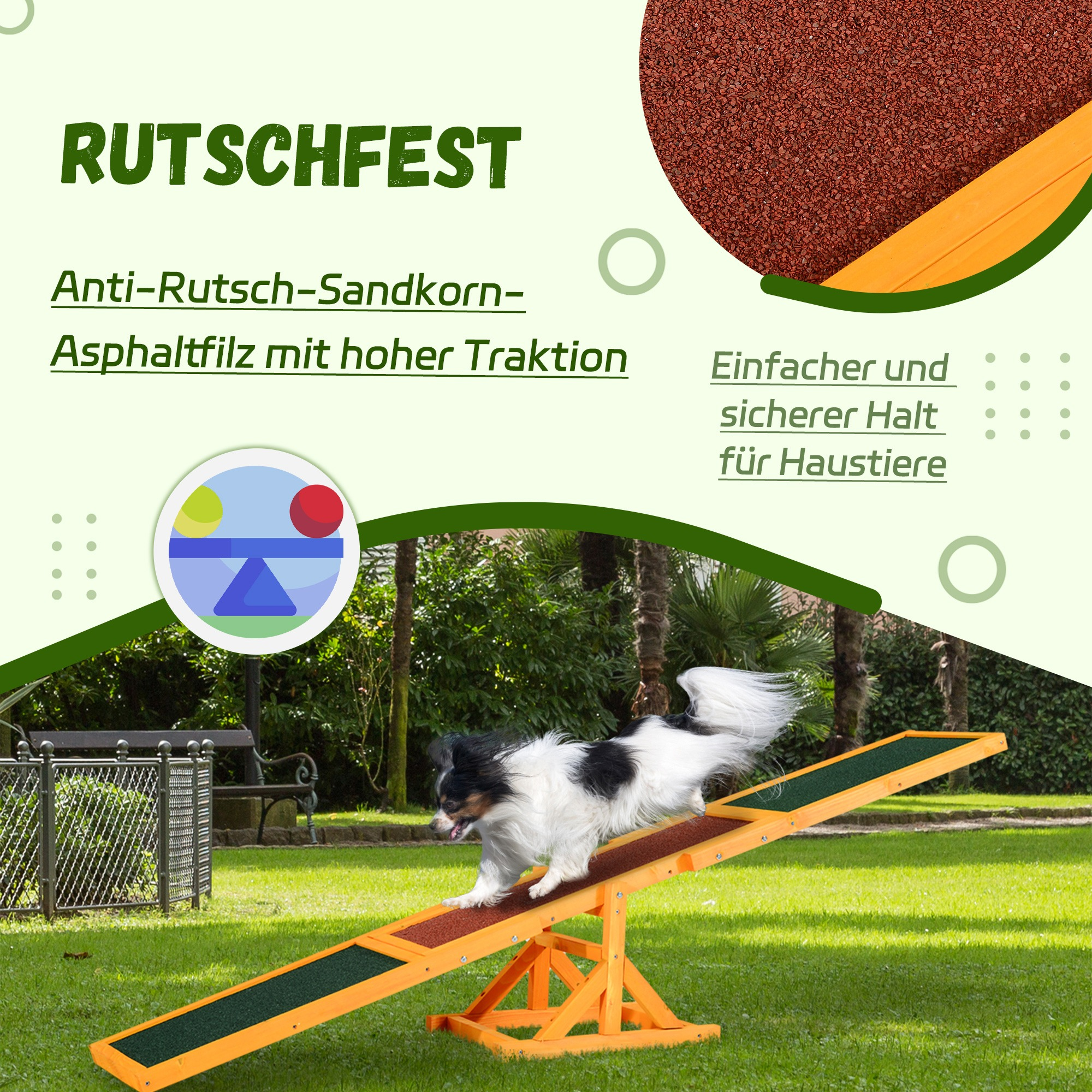Hund rennt auf einer Wippe. Die Wippe steht auf einem Rasen. Text im Hintergrund.