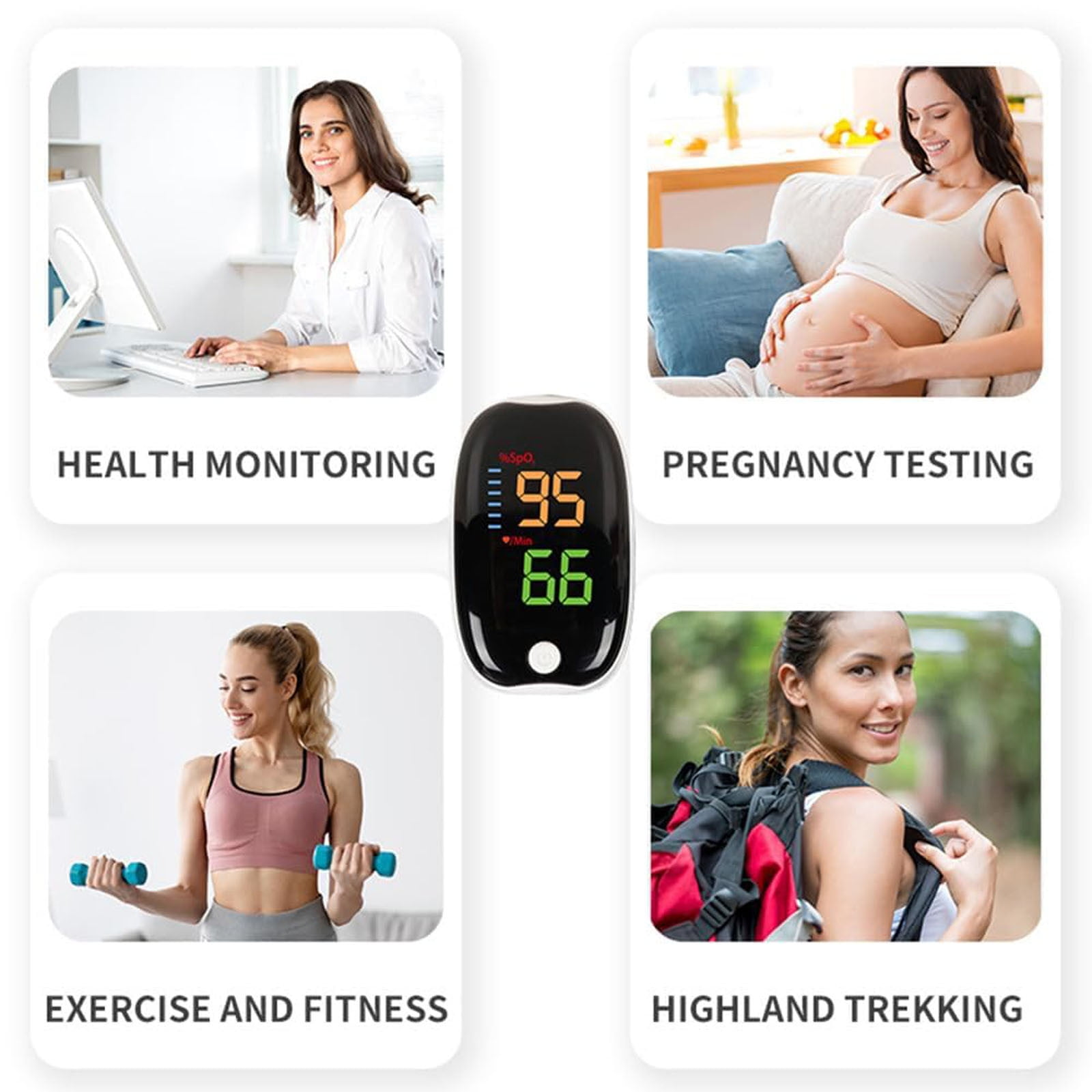 Bilder zeigen Gesundheitsüberwachung, Schwangerschaftstest, Bewegung und Hochland-Trekking mit einem Pulsoximeter.