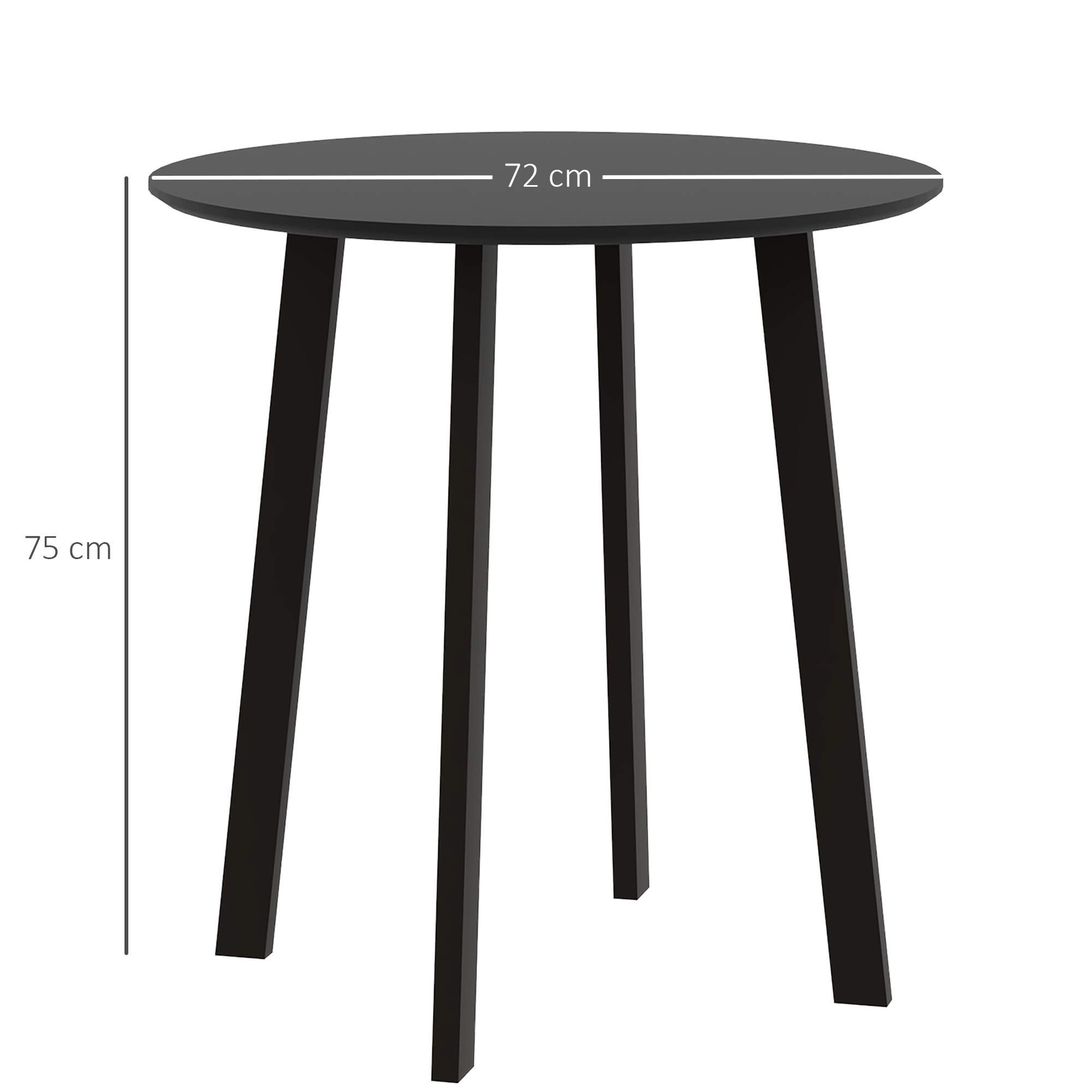 Ein schwarzer runder Tisch mit drei schwarzen Beinen, 72 cm und 75 cm.