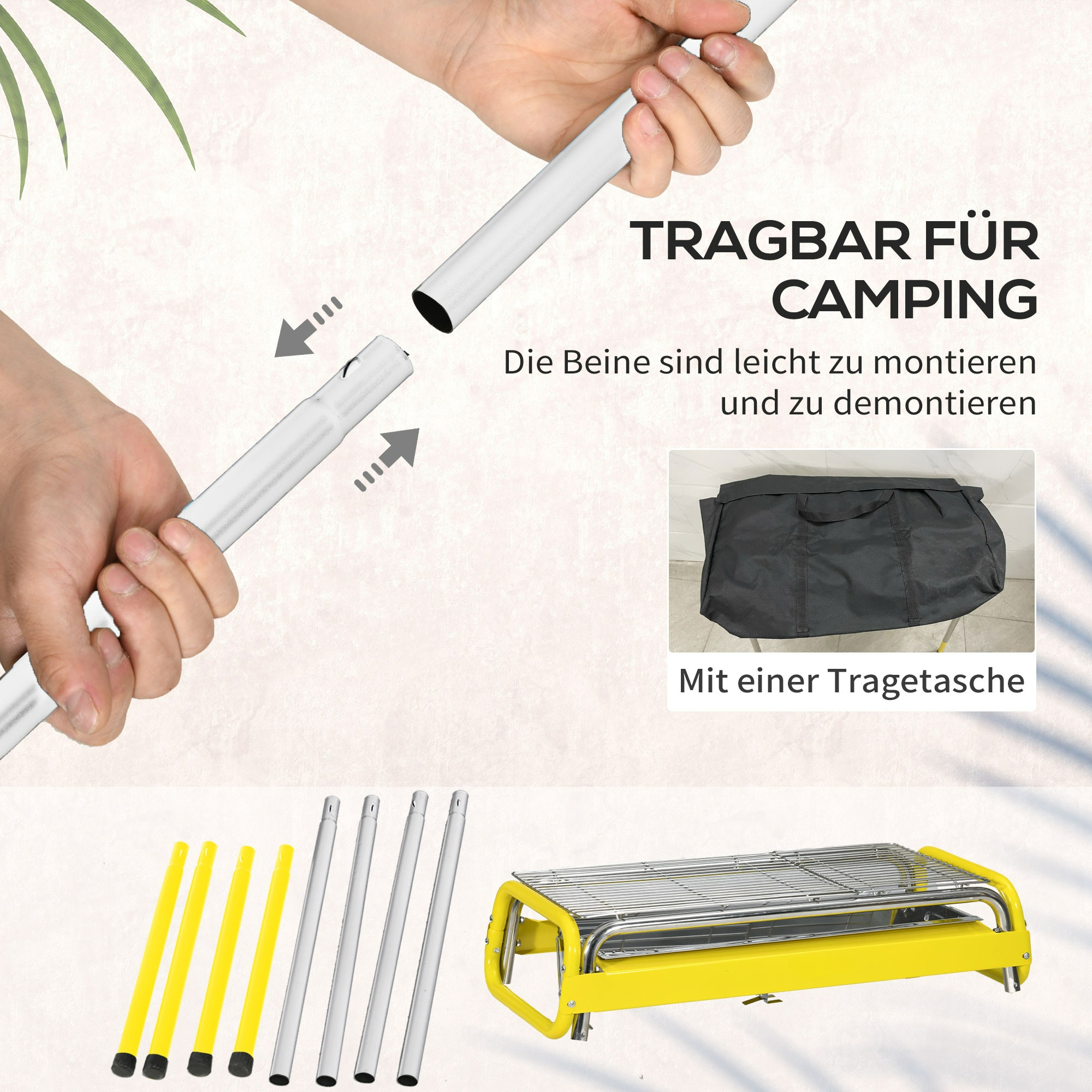 Eine Person, die einen tragbaren Grill zusammenbaut. Teile umfassen Beine, einen Grill und eine Tragetasche.