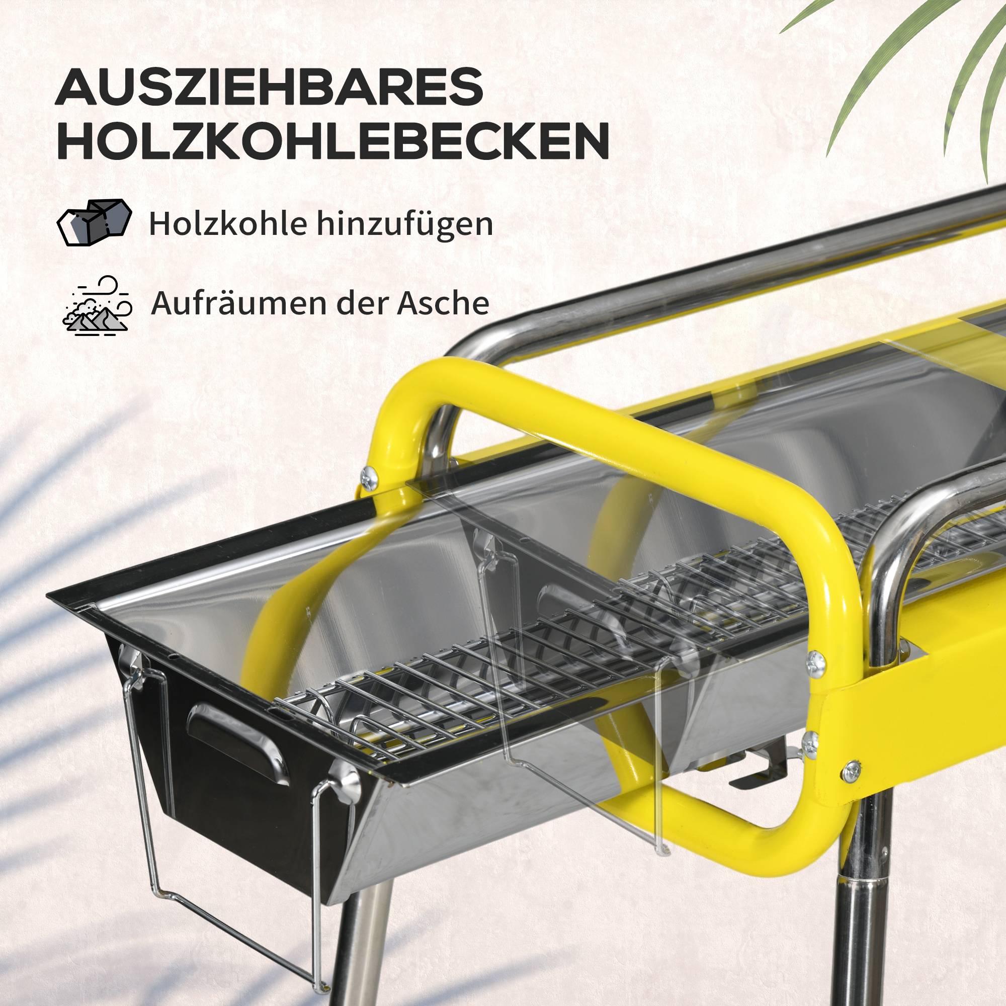 Gelb-silberner Grill mit gelbem Rahmen. Text auf Deutsch: Ausziehbarer Holzkohlebecken und Holzkohle hinzufügen.