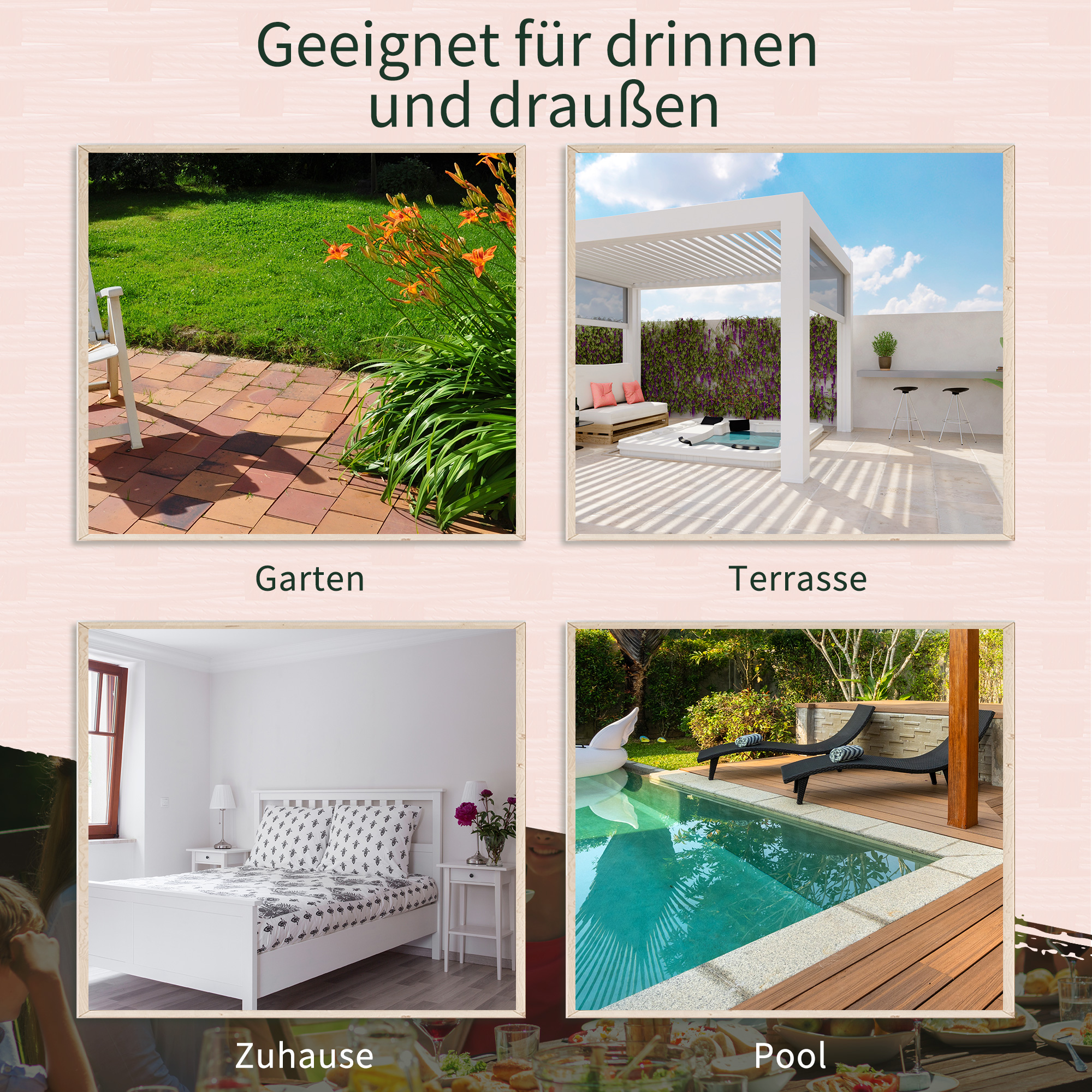 Vier Bilder: Garten mit Blumen, Terrasse mit Pergola, Schlafzimmer und Pool mit Liegestühlen.