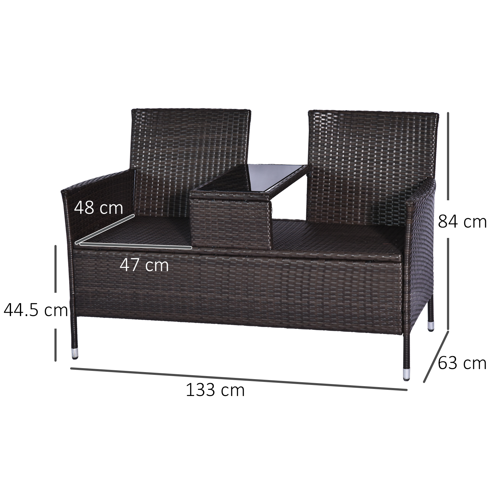 Ein braunes Korbmöbelsofa mit Tisch, mit markierten Abmessungen.
