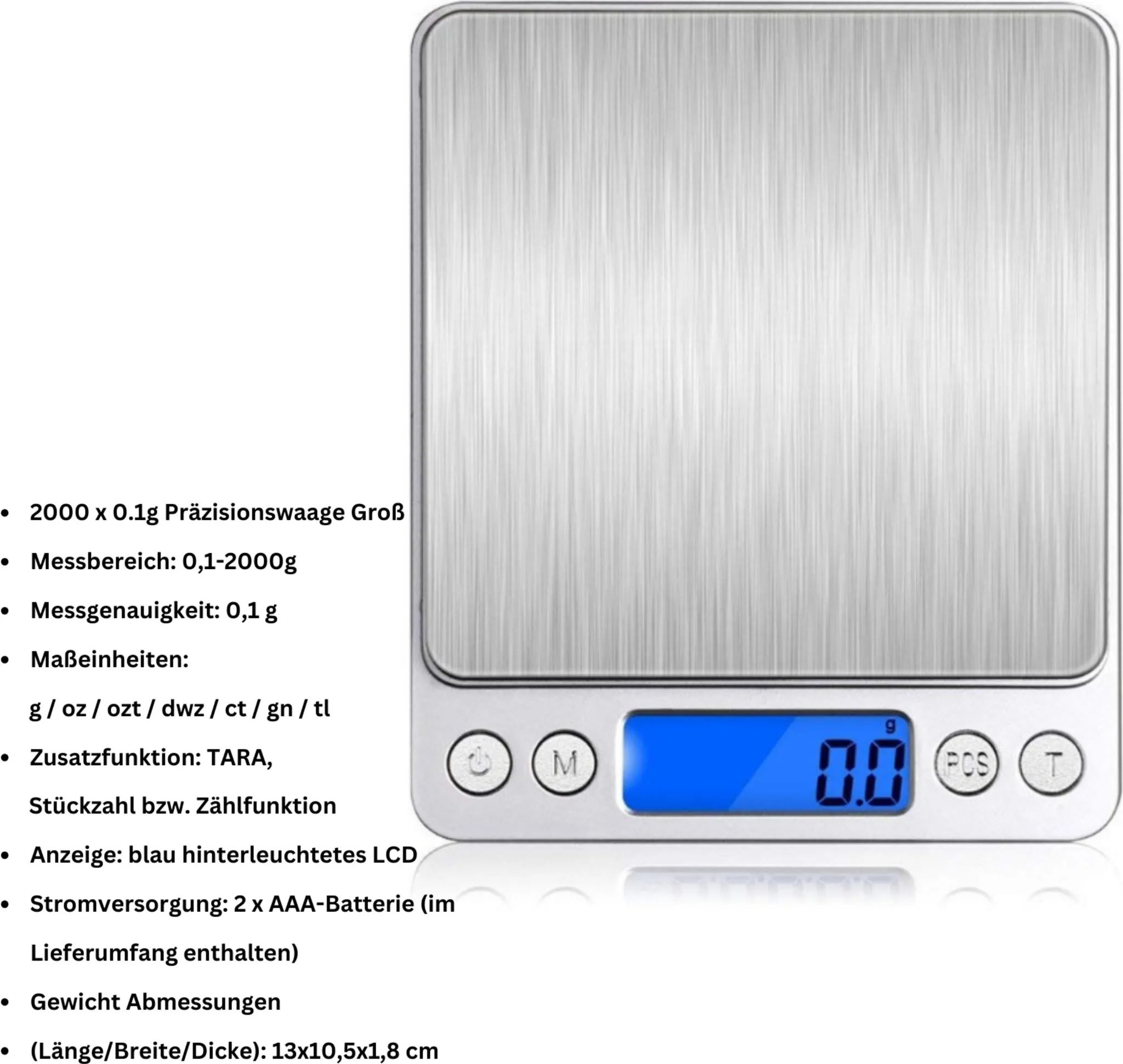 Eine Digitalwaage mit blau beleuchtetem Display, zeigt 0,0 g an.