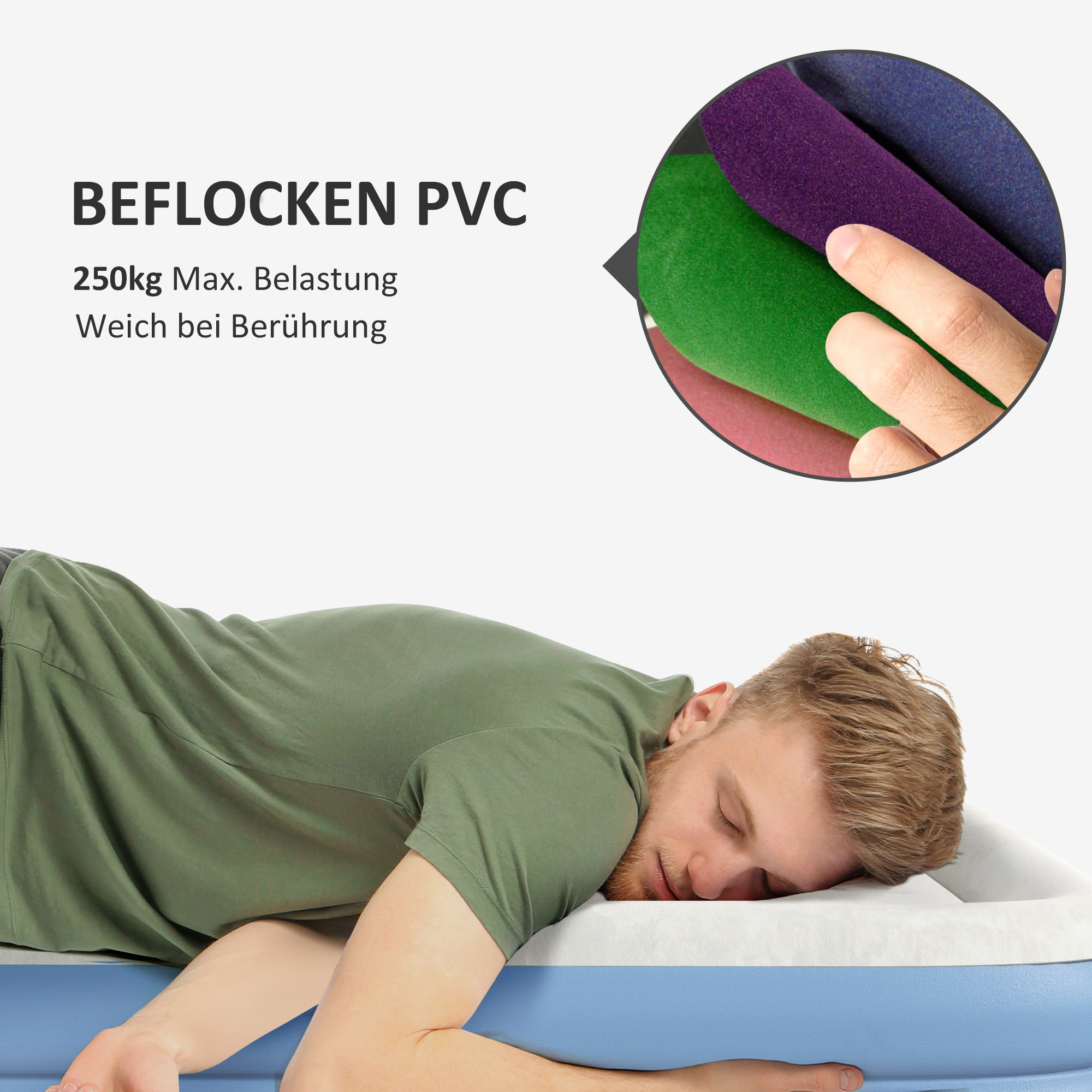 Mann schläft auf einer blauen Matratze. Das Bild zeigt grünes, rosa und lilafarbenes Material.