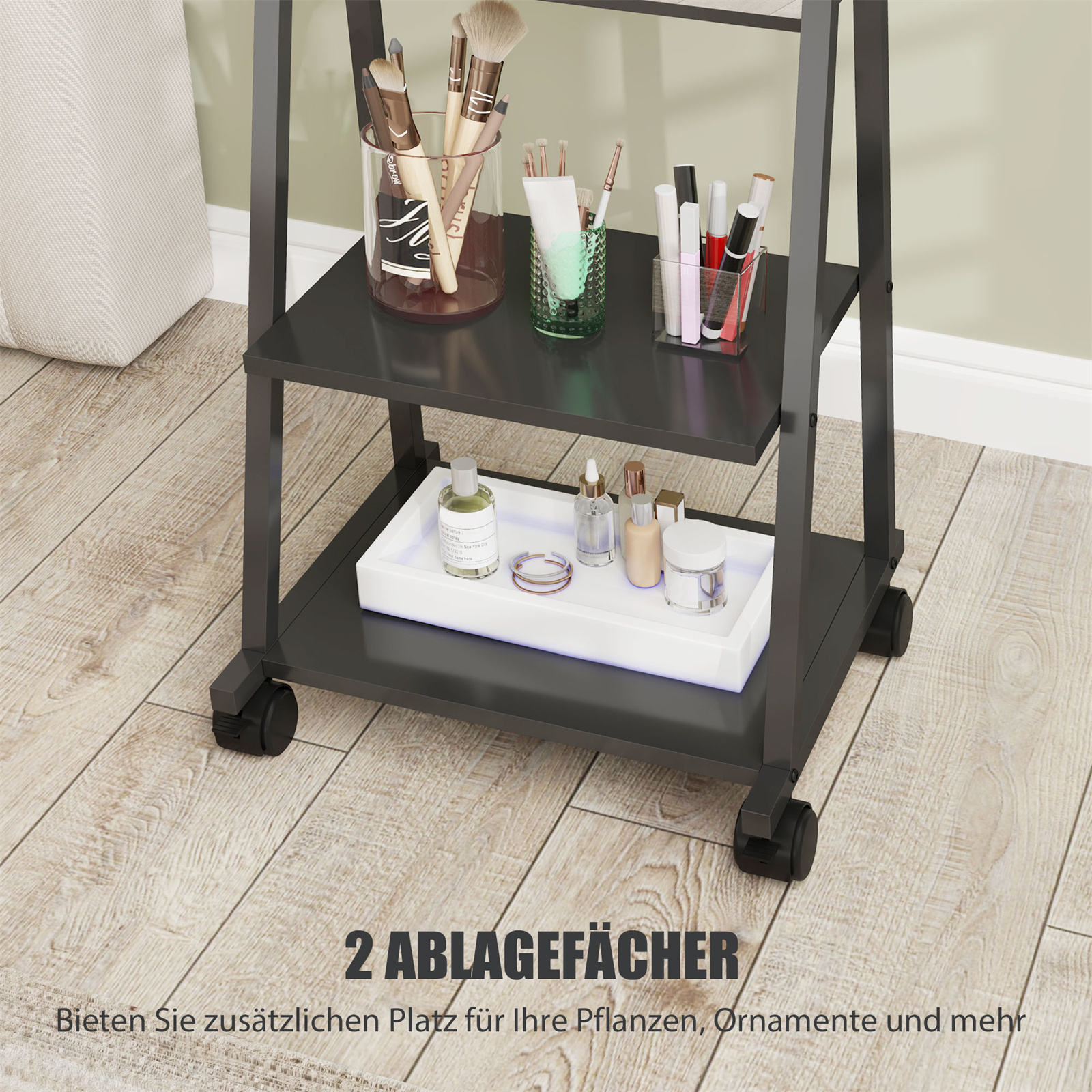Schwarzer Rollwagen mit Regalen, die Make-up-Artikel enthalten.