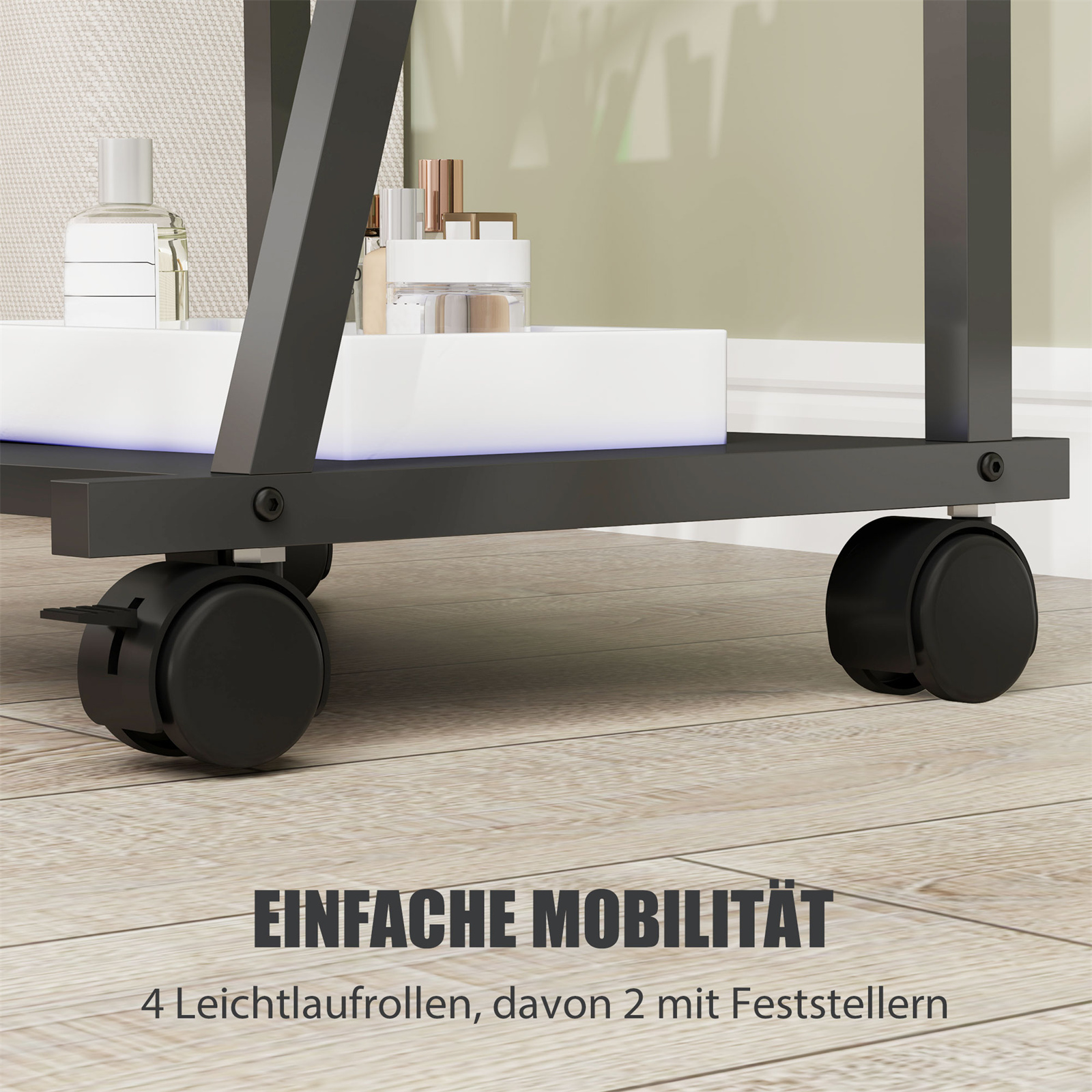 Schwarzer Servierwagen mit Regalen, die Flaschen, Behälter und ein weißes Tablett tragen. Der Text sagt Mobilität.