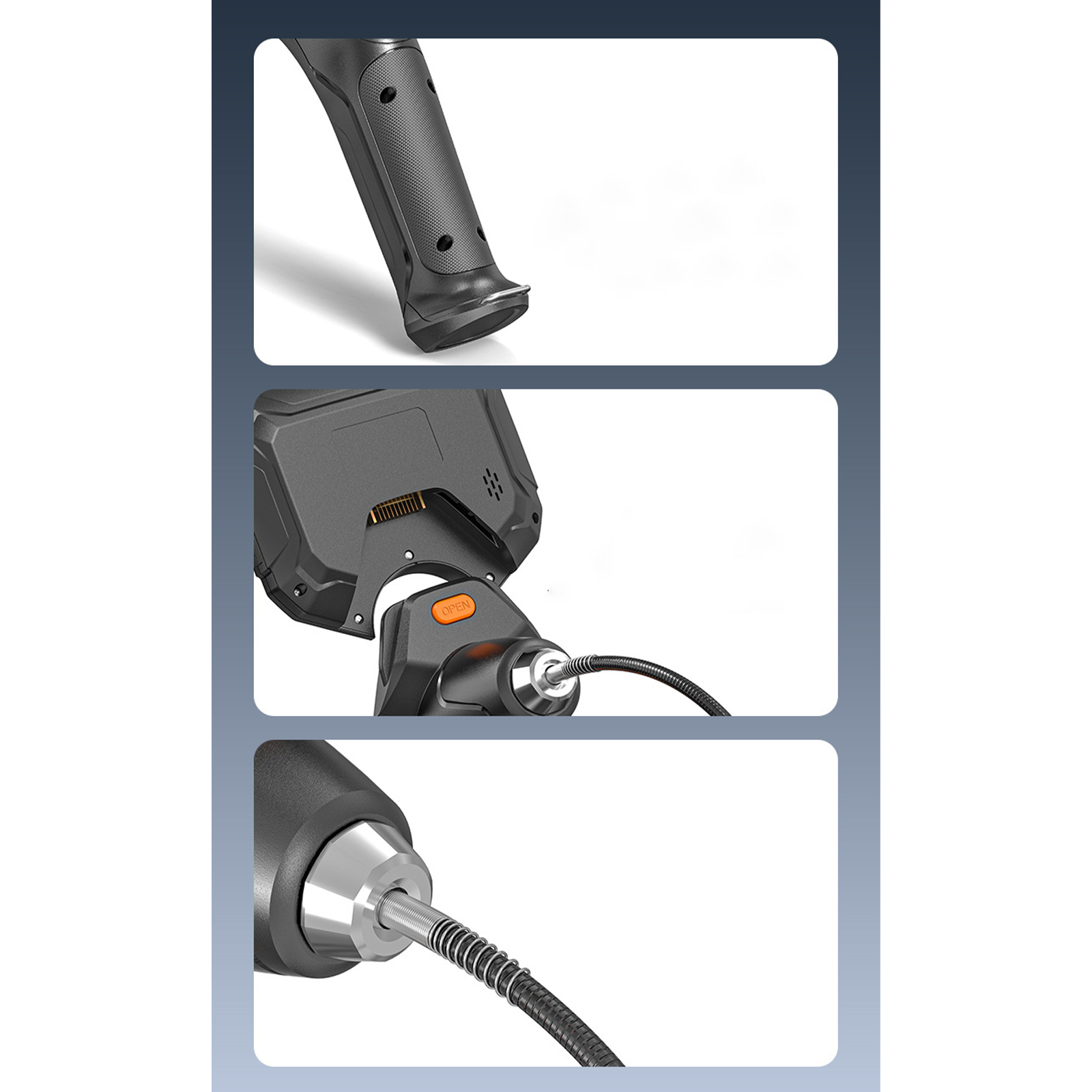 Nahaufnahme von drei verschiedenen Abschnitten eines Werkzeugs. Zeigt Griff, Bedienfeld und flexibles Kabel.