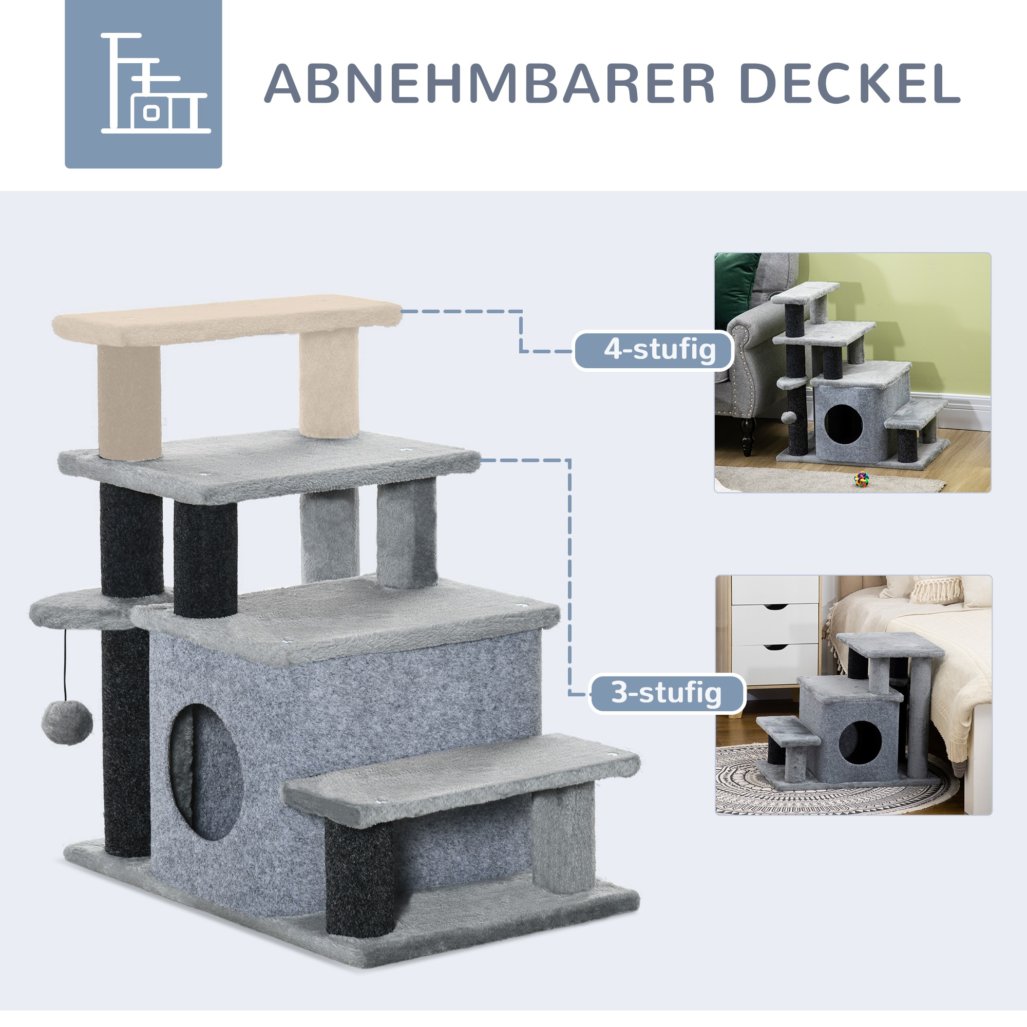 Eine Katze, die Stufen hochklettert. Ein grauer und schwarzer Kratzbaum ist im Hintergrund zu sehen.