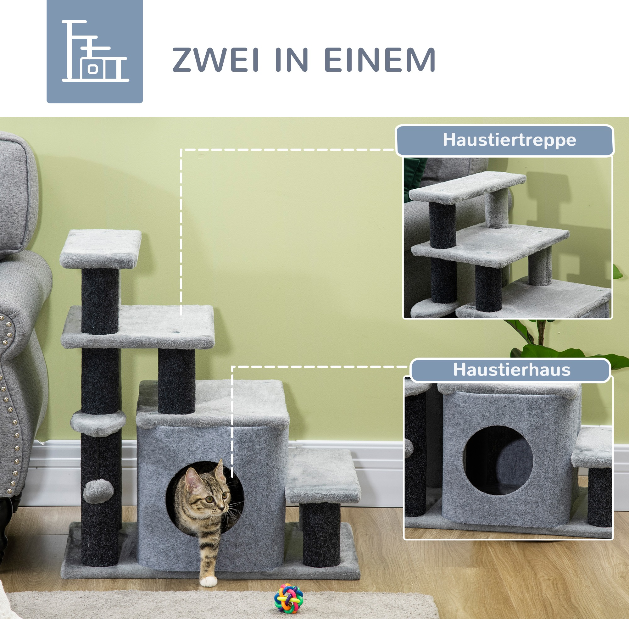 Katzenbaum mit einer Katze darin. Der Baum hat mehrere Ebenen und ein Haus.