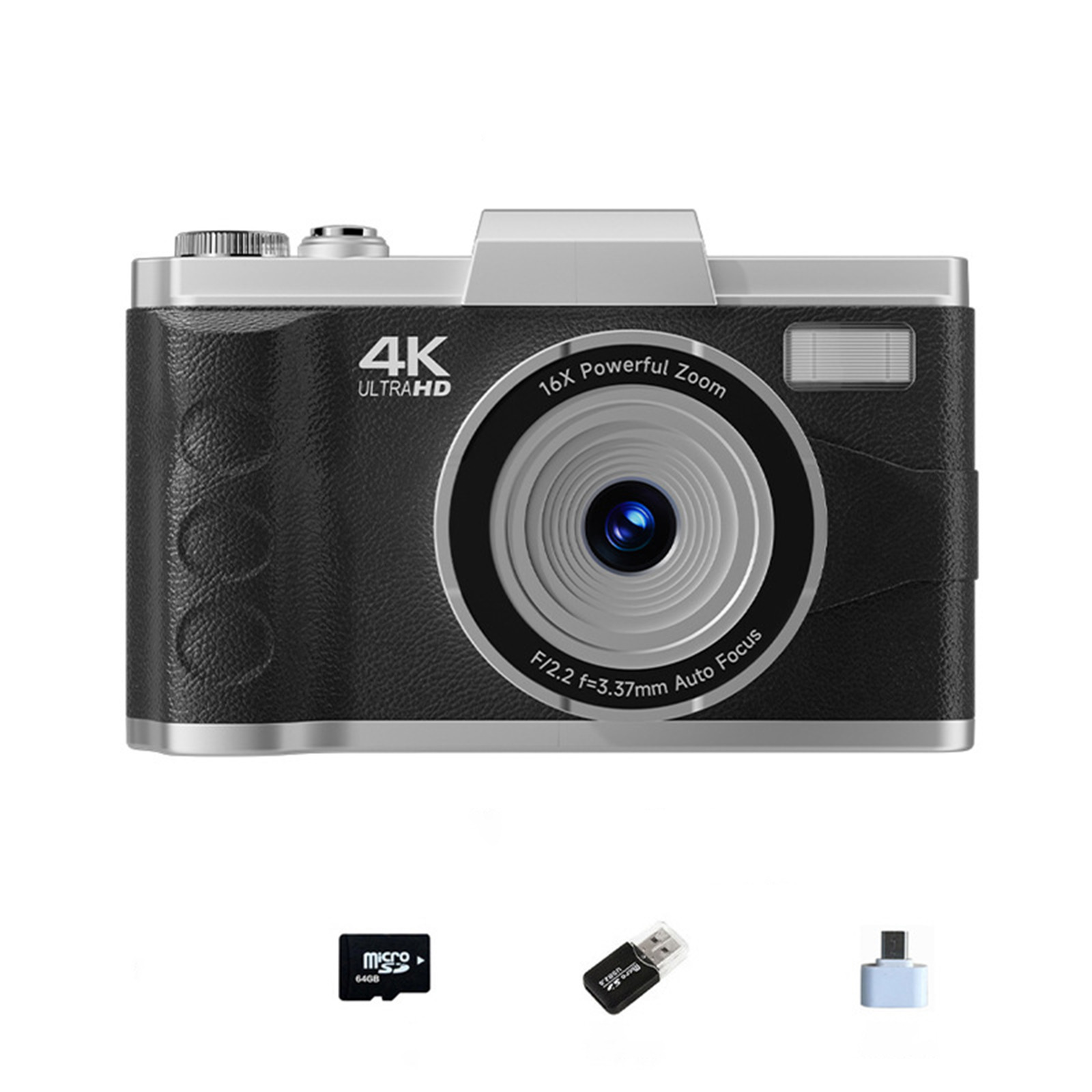 Schwarze und silberne 4K Ultra HD Digitalkamera mit 16x Zoom und Zubehör.