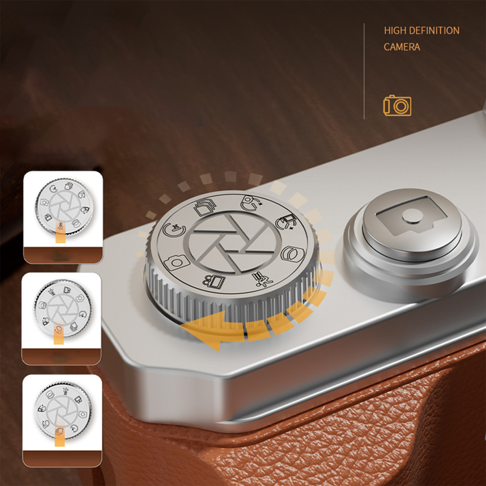 Nahaufnahme einer Kamera mit Drehreglern und Knöpfen. Der Fokus-Drehregler wird hervorgehoben. Braun- und Metallic-Töne.