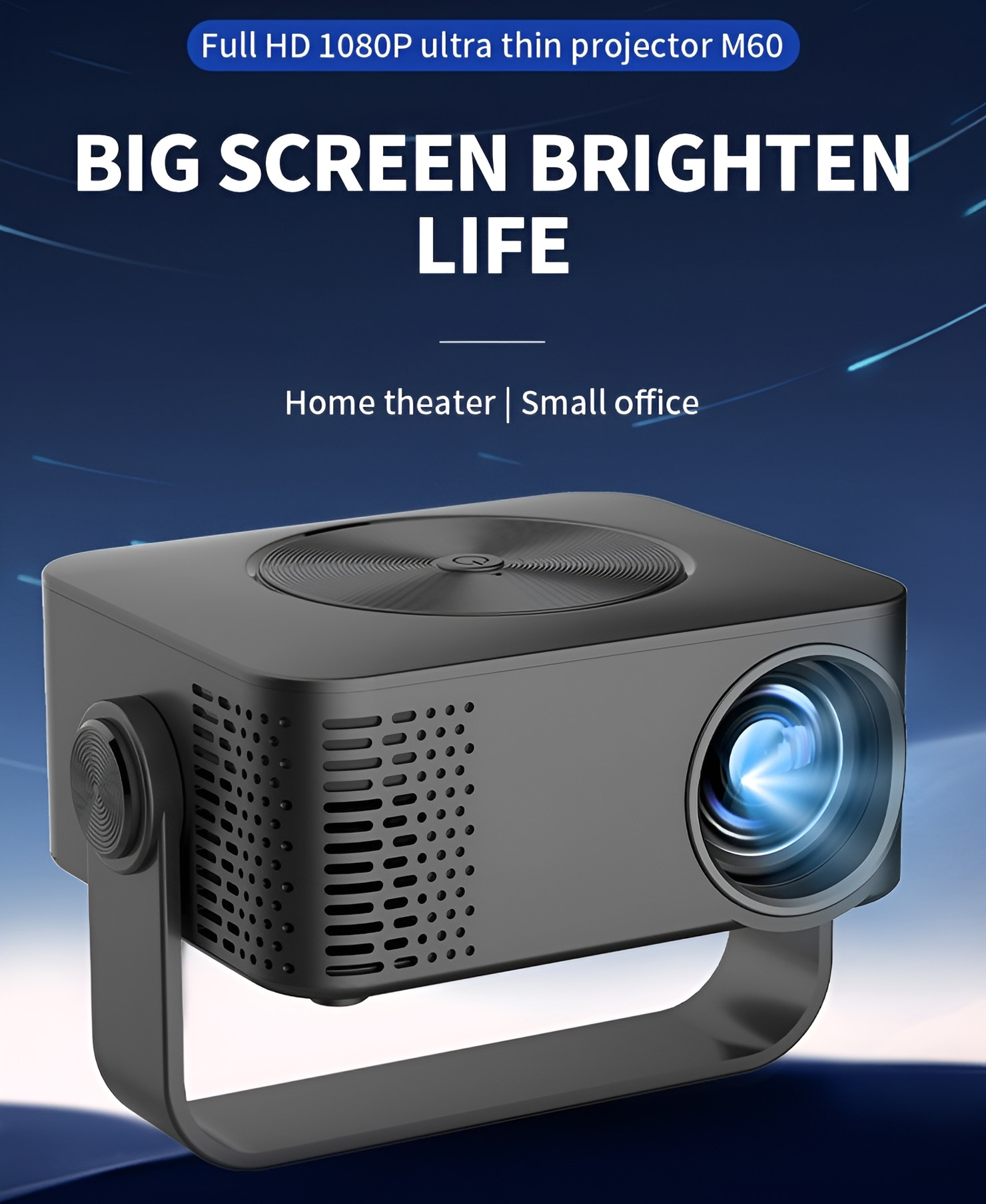 Schwarzer Projektor mit Text auf dem Bildschirm, Werbung für "Big Screen Brighten Life".