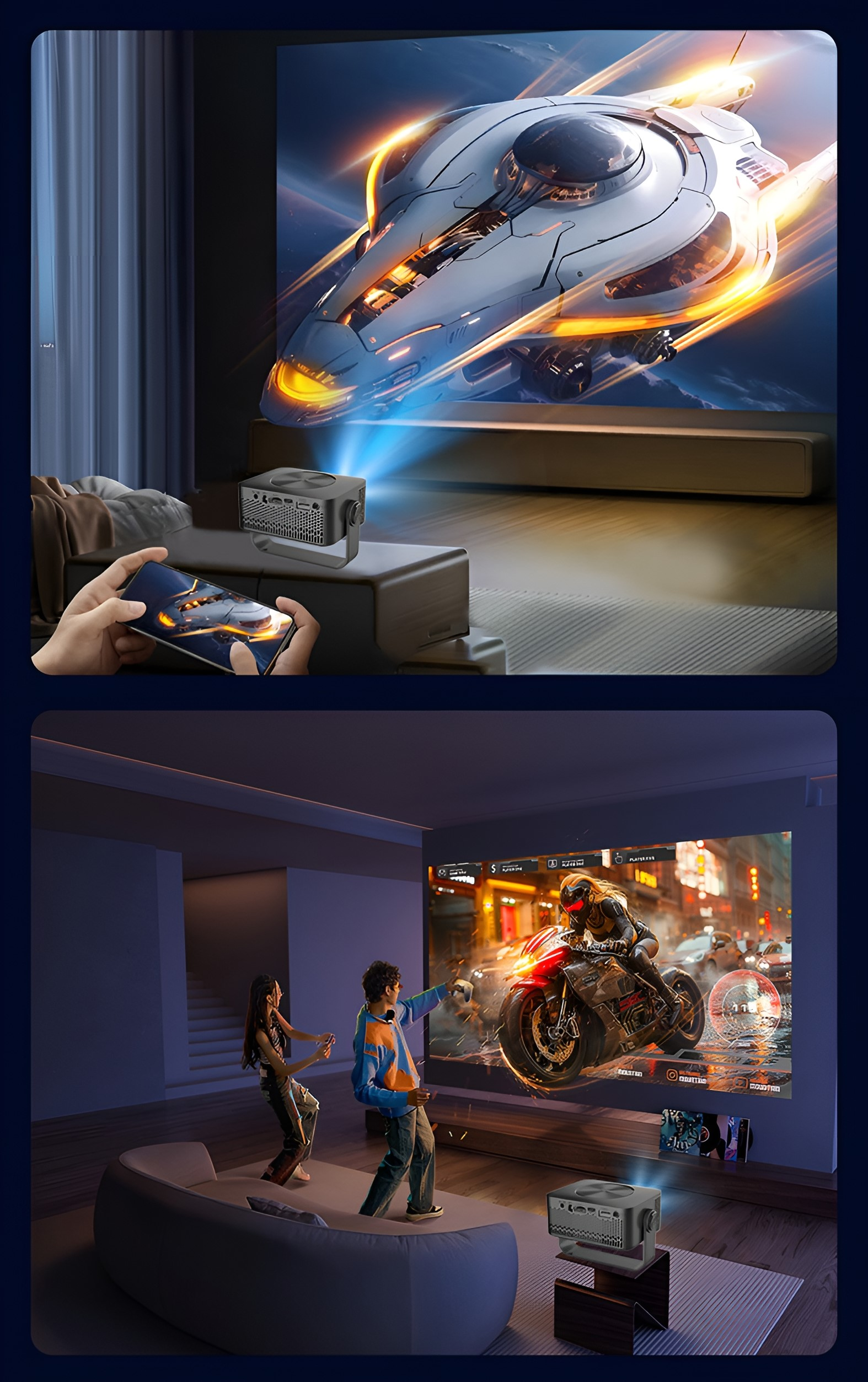 Ein Projektor zeigt eine Raumschiffszene und eine Spielszene an einer Wand. Eine Person benutzt ein Tablet.