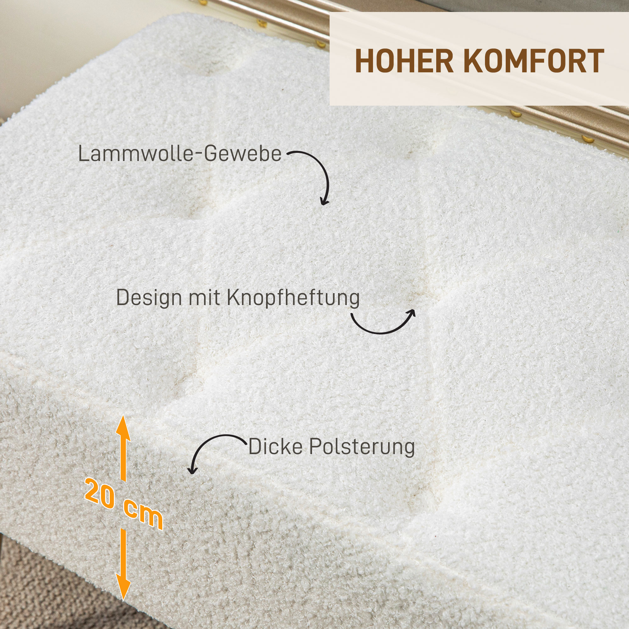 Eine weiße, gepolsterte Oberfläche mit Text und Pfeilen auf Details. Es steht '20 cm', 'Dicke Polsterung' und 'Wollgewebe'.