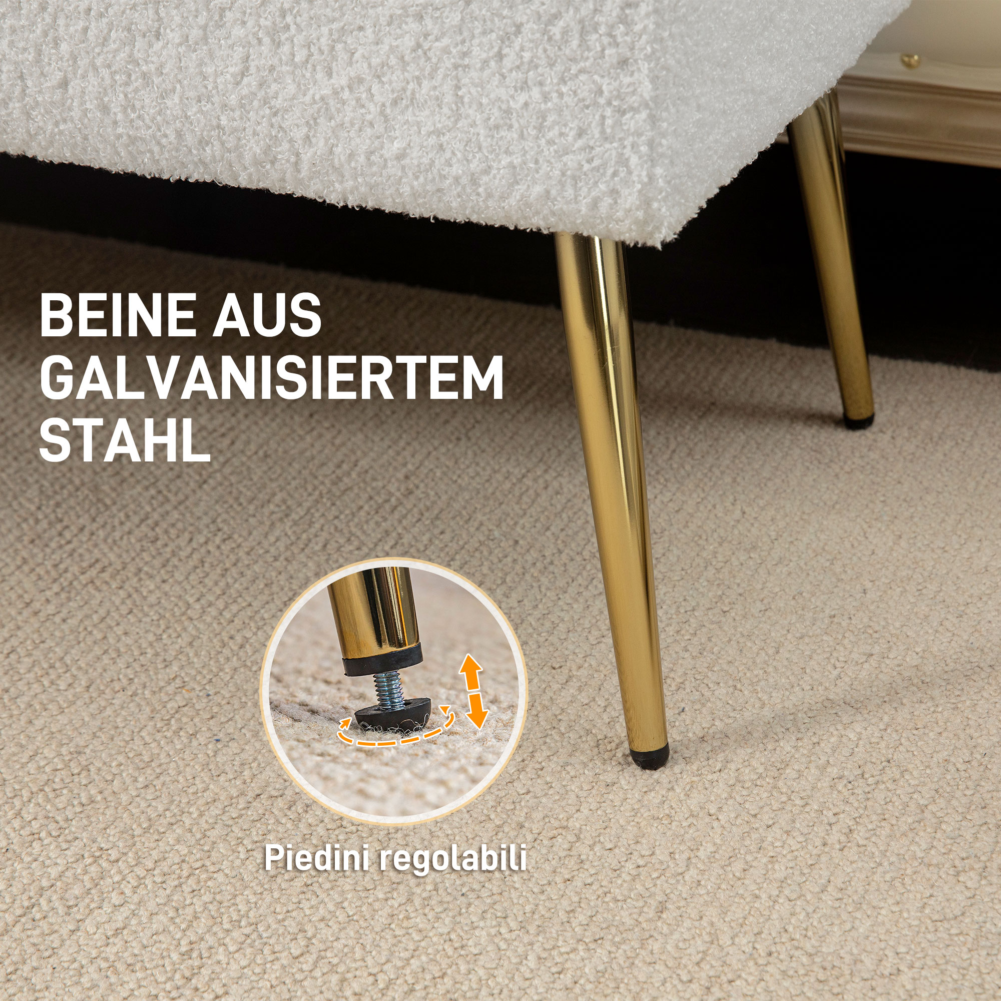 Weiße Bank mit goldenen Beinen, Text: Beine aus galvanisiertem Stahl. Verstellbare Füße im Kreis gezeigt.