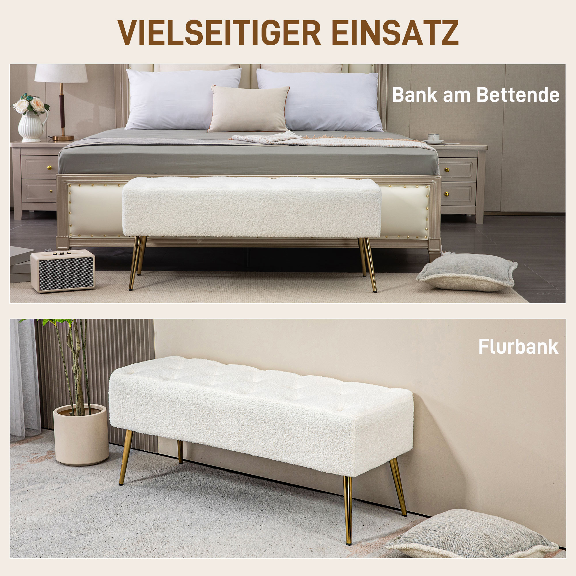 Weiße Bank mit goldenen Beinen, in zwei Kontexten: am Ende eines Bettes und im Flur.