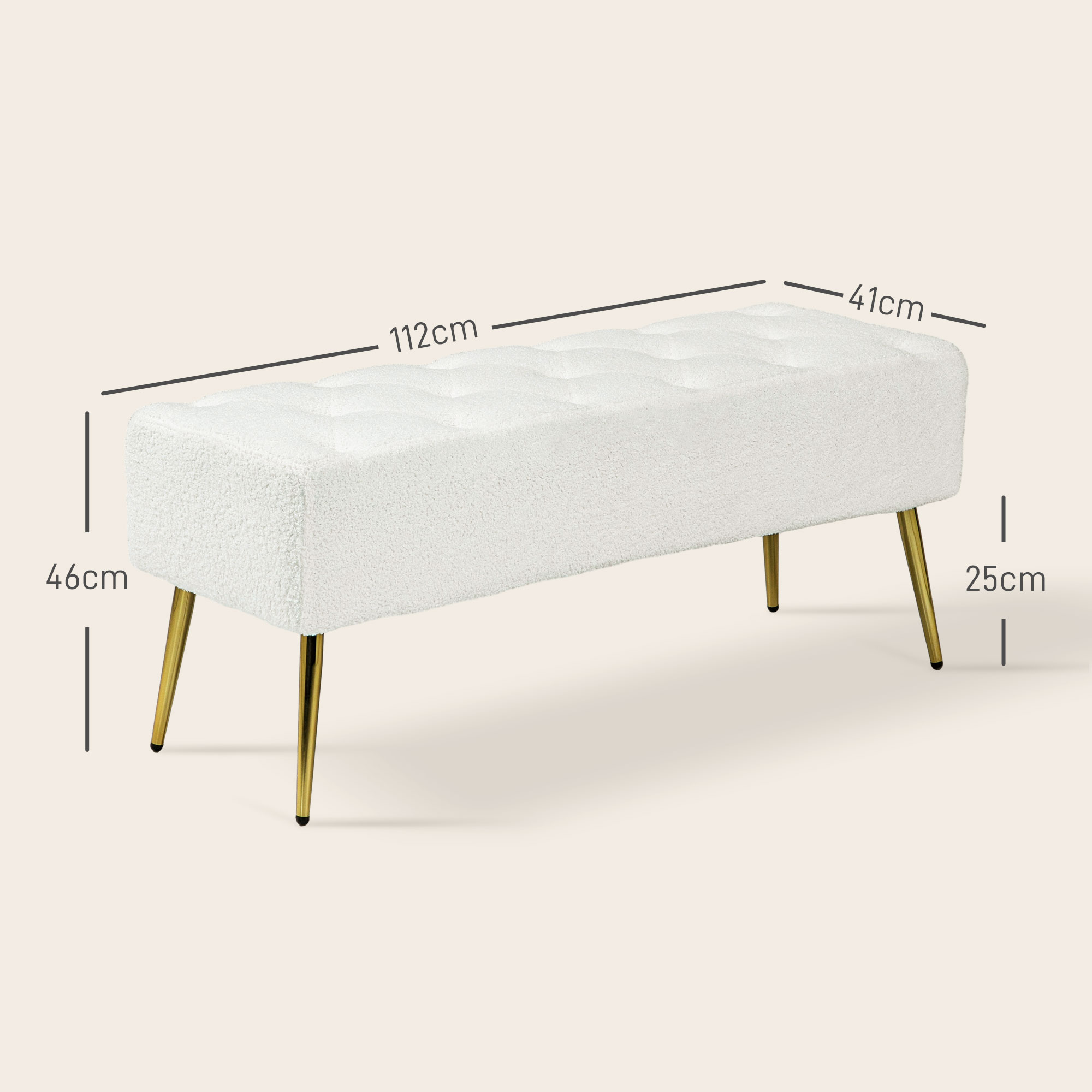 Weiße Bank mit goldenen Beinen. Maße: 112cm lang, 41cm breit, 46cm hoch.