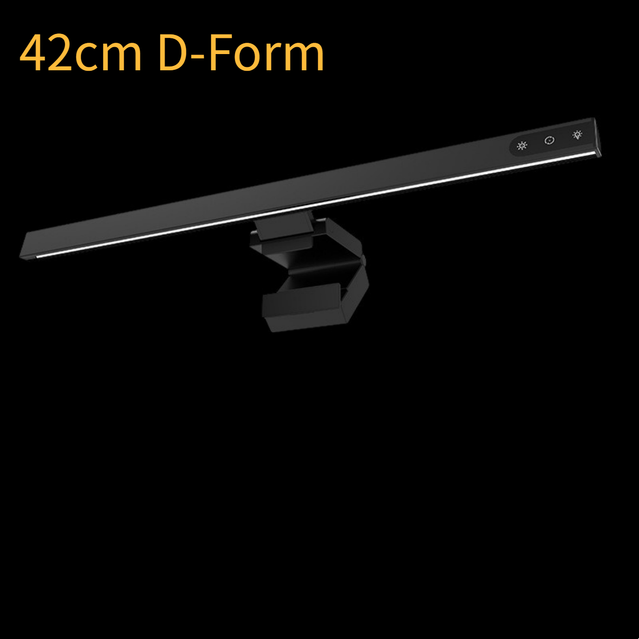 Schwarze Schreibtischlampe mit der Aufschrift '42cm D-Form'. Schwarzer Hintergrund. Weißer Lichtstreifen.