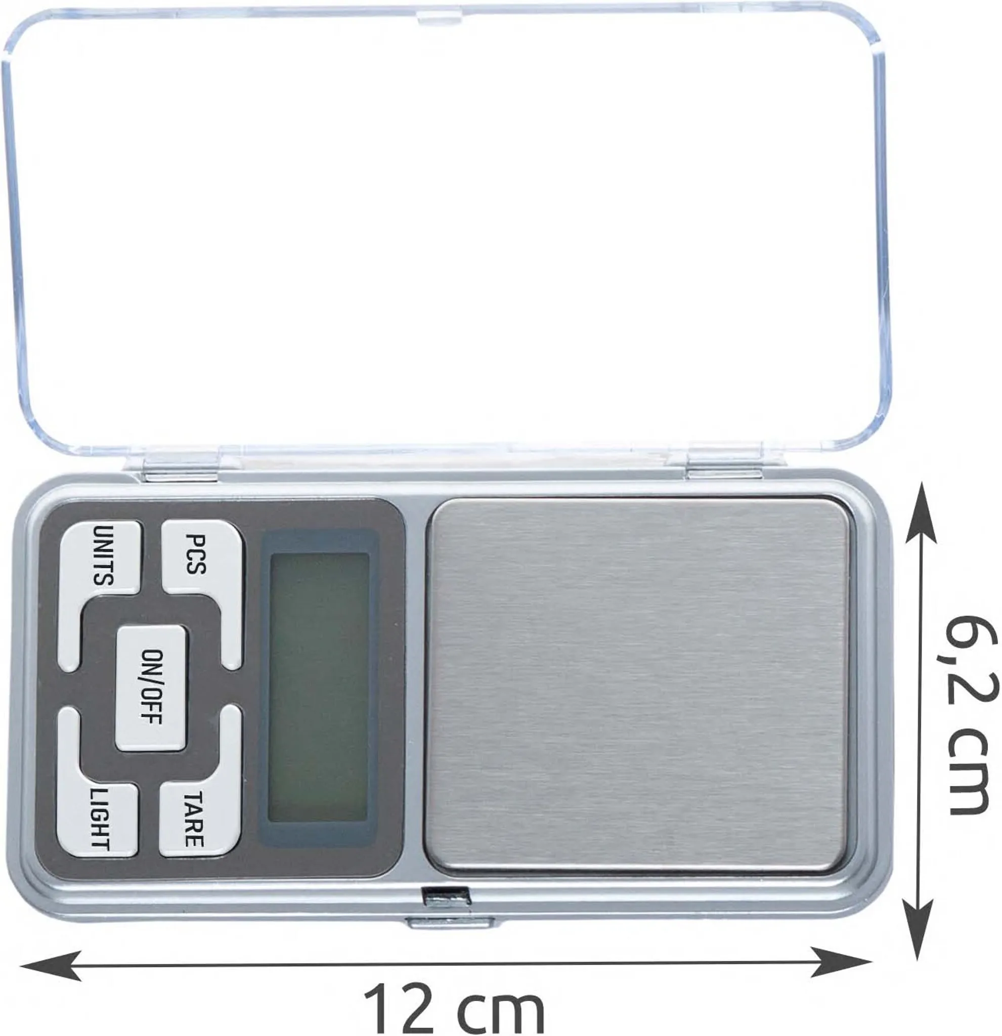 Kleine Digitalwaage mit den Maßen: 12 cm x 6,2 cm, mit durchsichtigem Deckel.