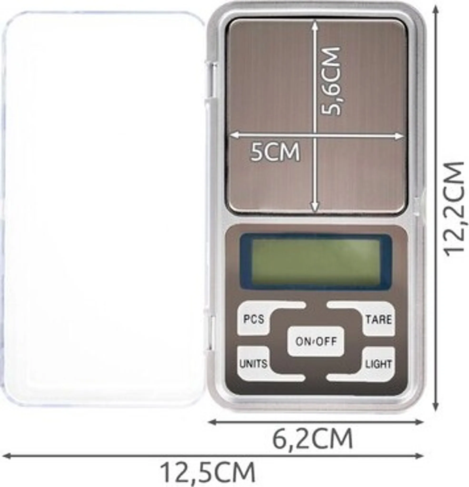 Digitale Taschenwaage mit Maßen. Anzeige zeigt Messungen, Knöpfe und Deckel.
