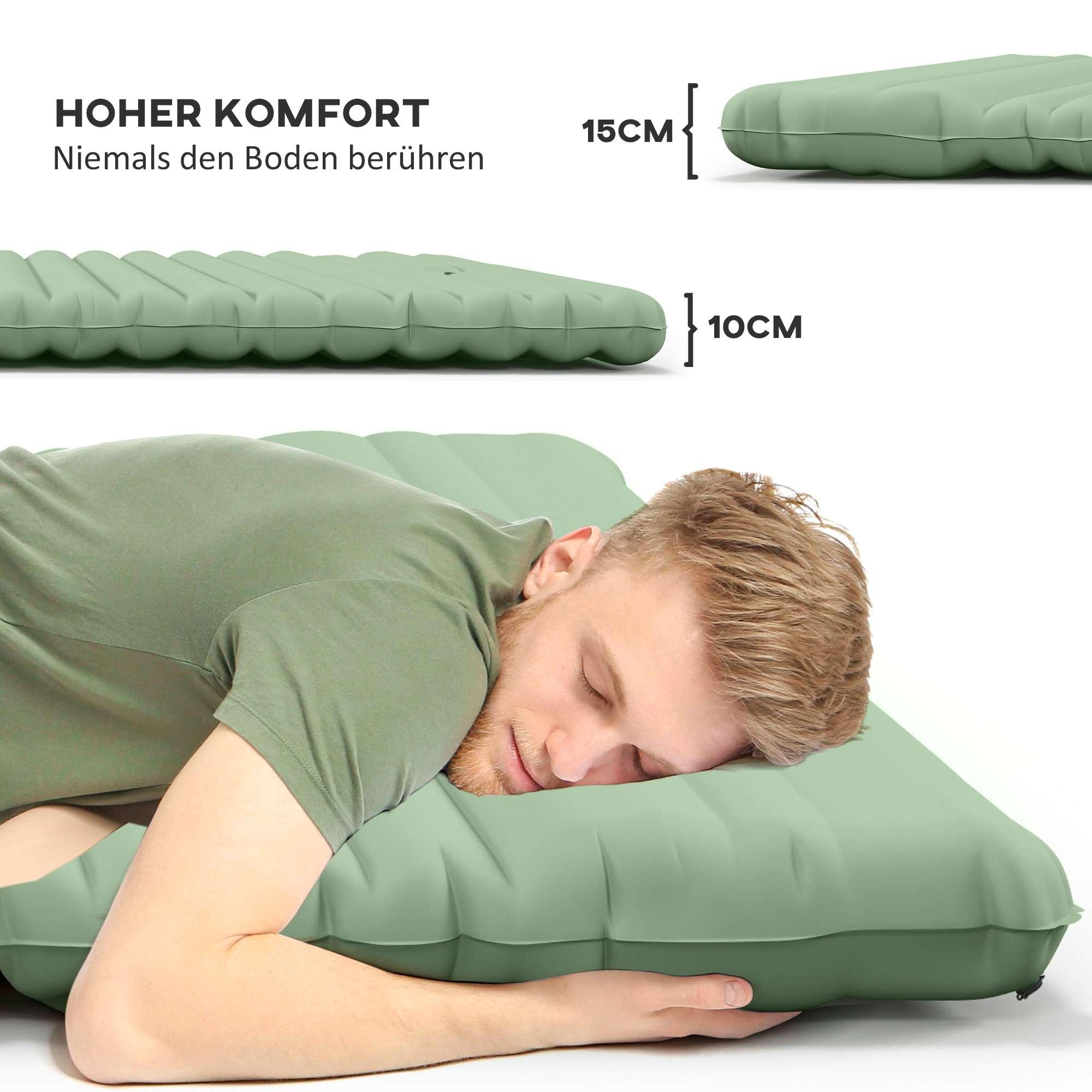 Ein Mann schläft auf einer grünen aufblasbaren Matratze. Text weist auf hohen Komfort und 10-15 cm Dicke hin.