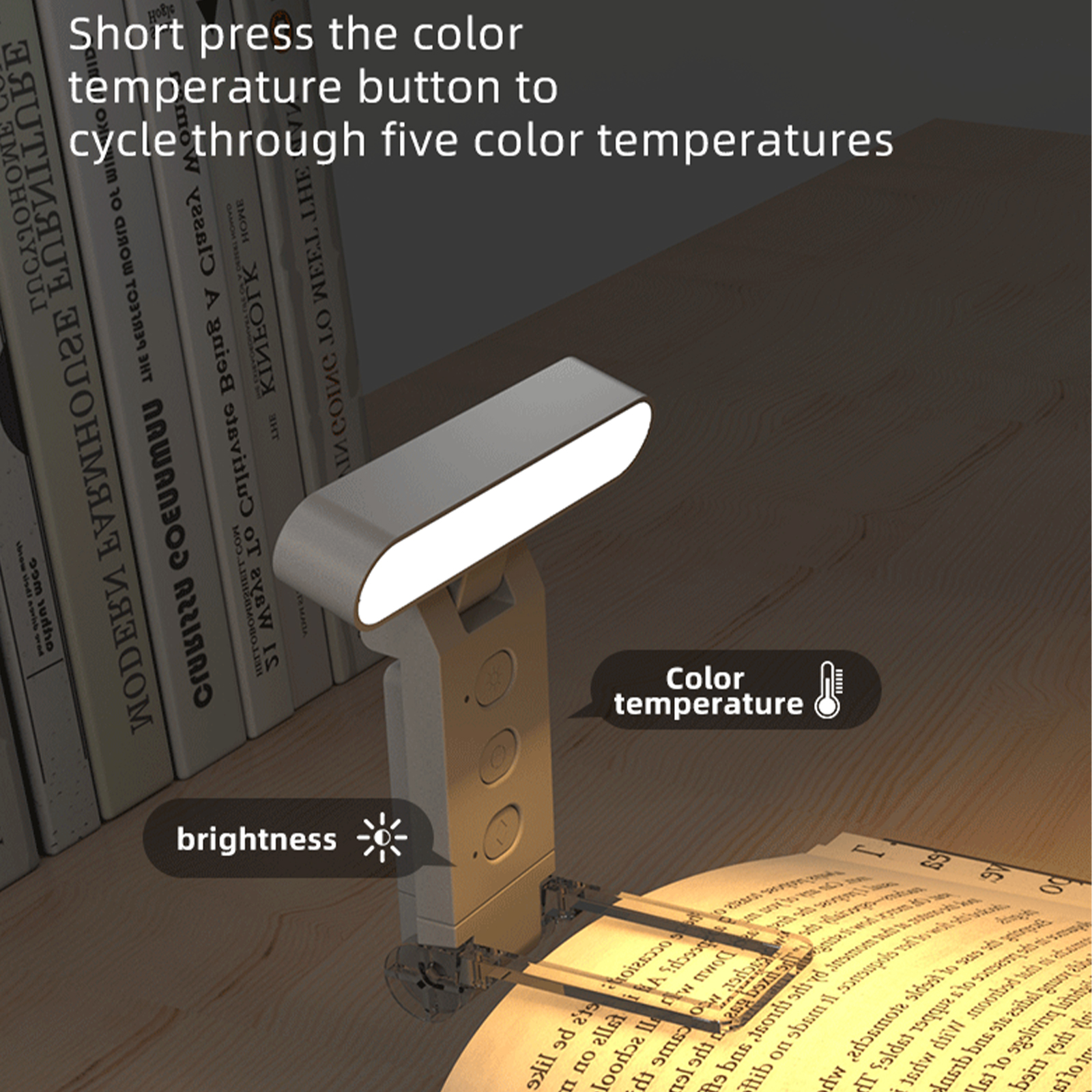 Weiße LED-Lampe auf einem Schreibtisch mit Buch, Anweisungen gezeigt.