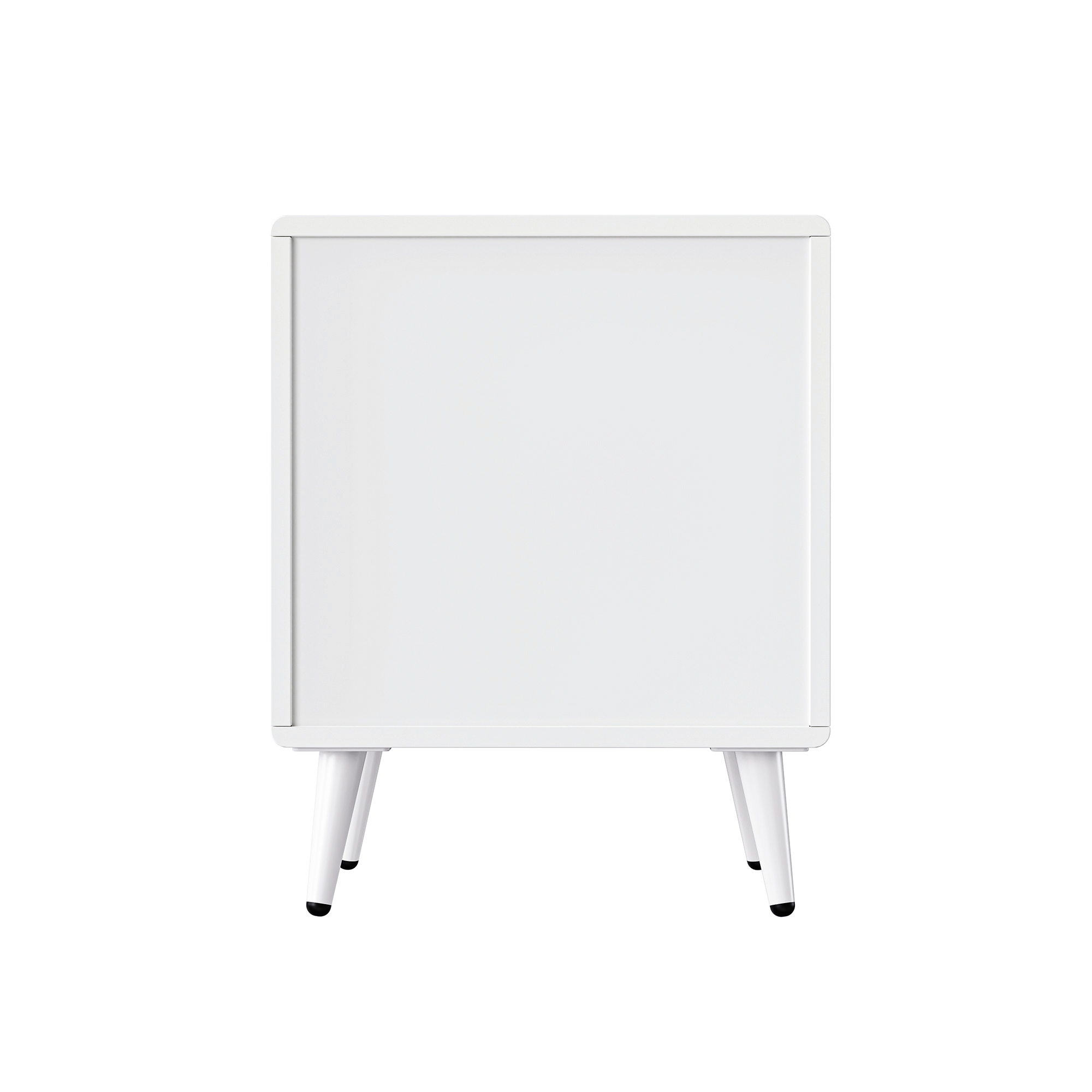 Ein weißer Schrank mit Beinen. Er hat ein einfaches Design und die Beine sind angewinkelt.