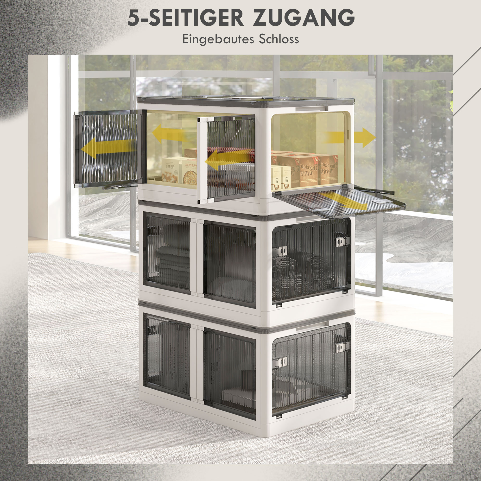 Dreistöckige Aufbewahrungsbox mit offenen Türen, weiß und grau mit transparenten Paneelen. Text: 5-seitiger Zugang.
