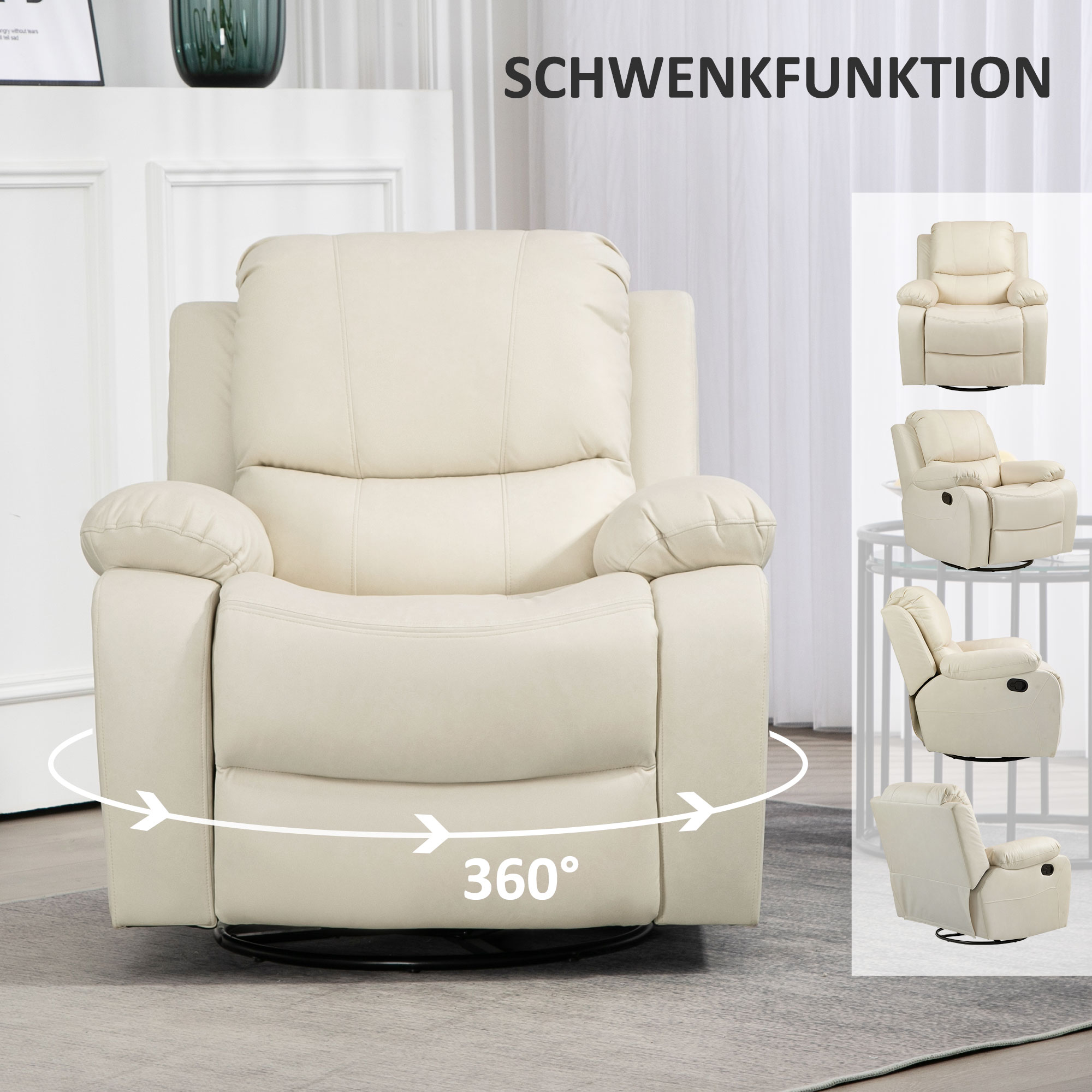 Cremefarbener Relaxsessel, 360°-Drehung. Kleine Bilder zeigen verschiedene Liegepositionen.