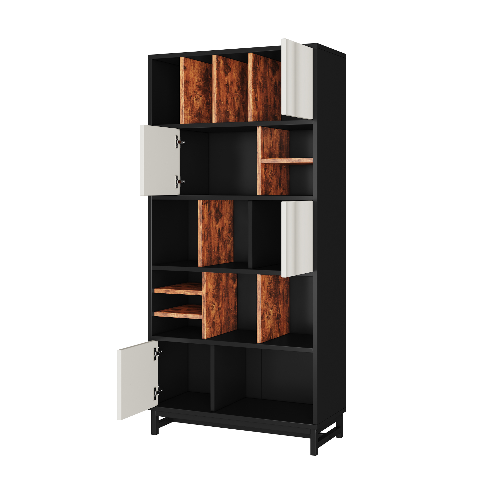 Schwarzes Bücherregal mit offenen Türen und Holzregalen. Weißer Hintergrund.