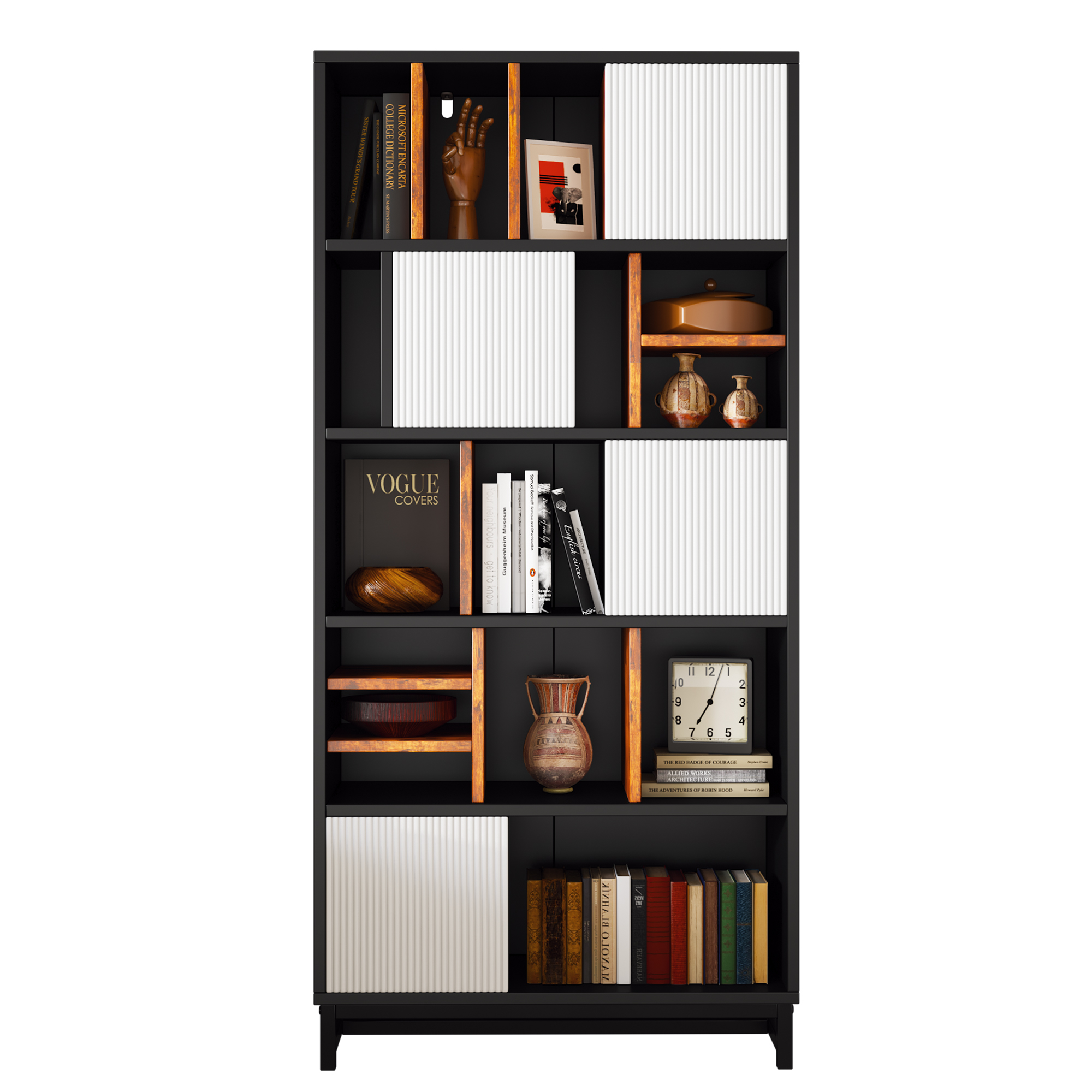 Ein schwarz-weißes Bücherregal mit Büchern, Vasen und Dekorationsartikeln. Der Hintergrund ist weiß.