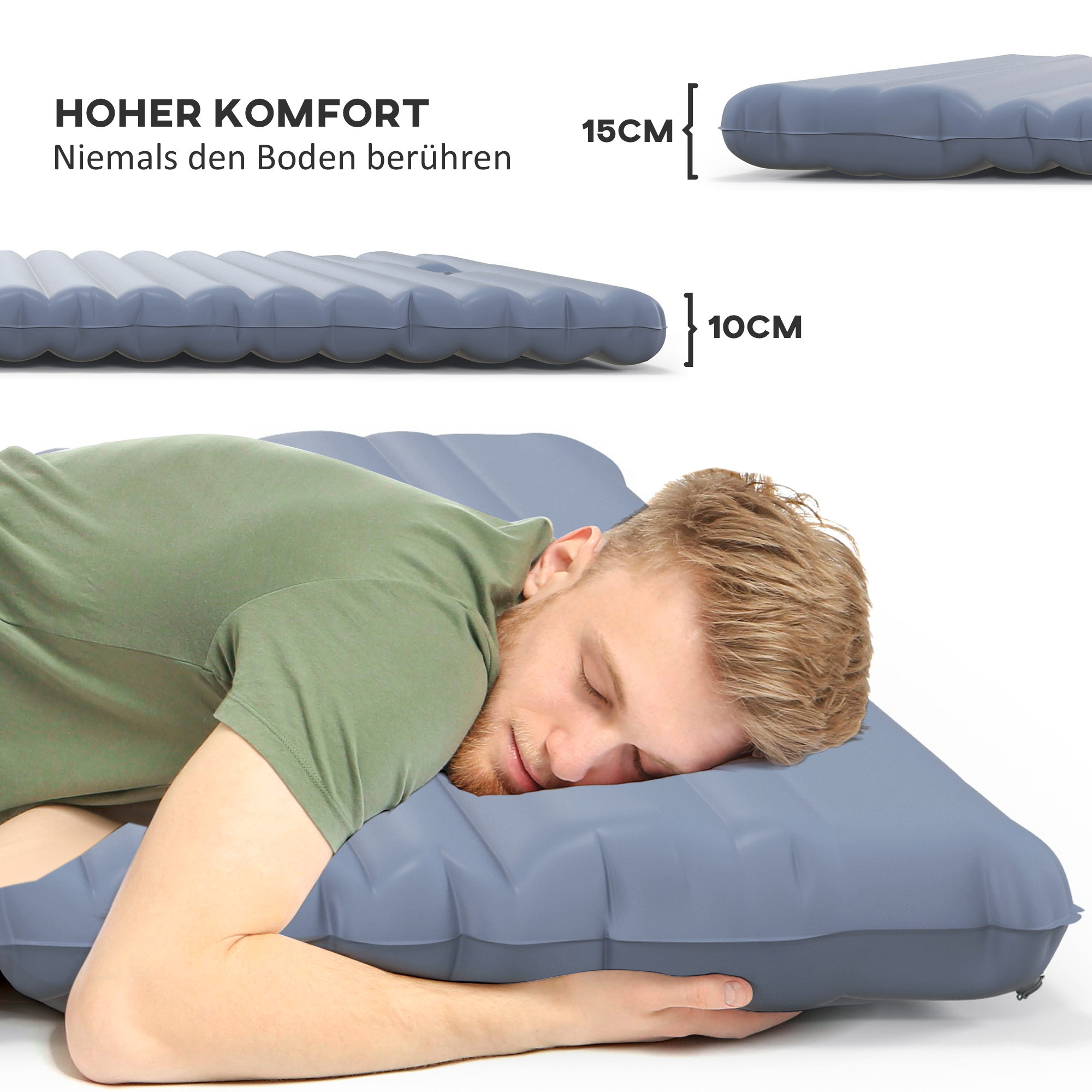 Mann schläft auf einer blauen Campingmatte, mit Text, der Komfort und Abmessungen beschreibt.