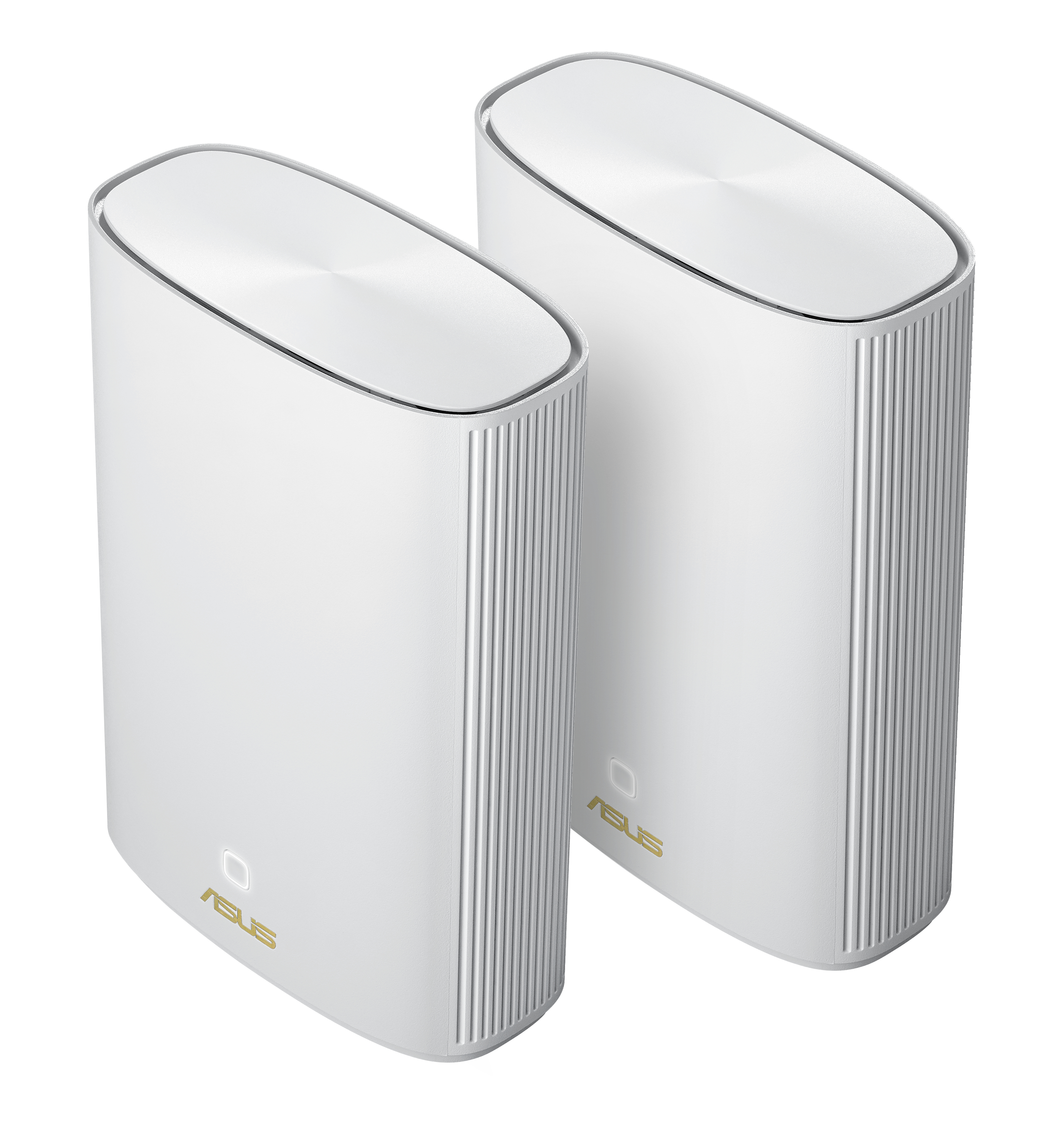 Due extender wifi mesh bianchi con parte superiore argentata e scritte dorate.
