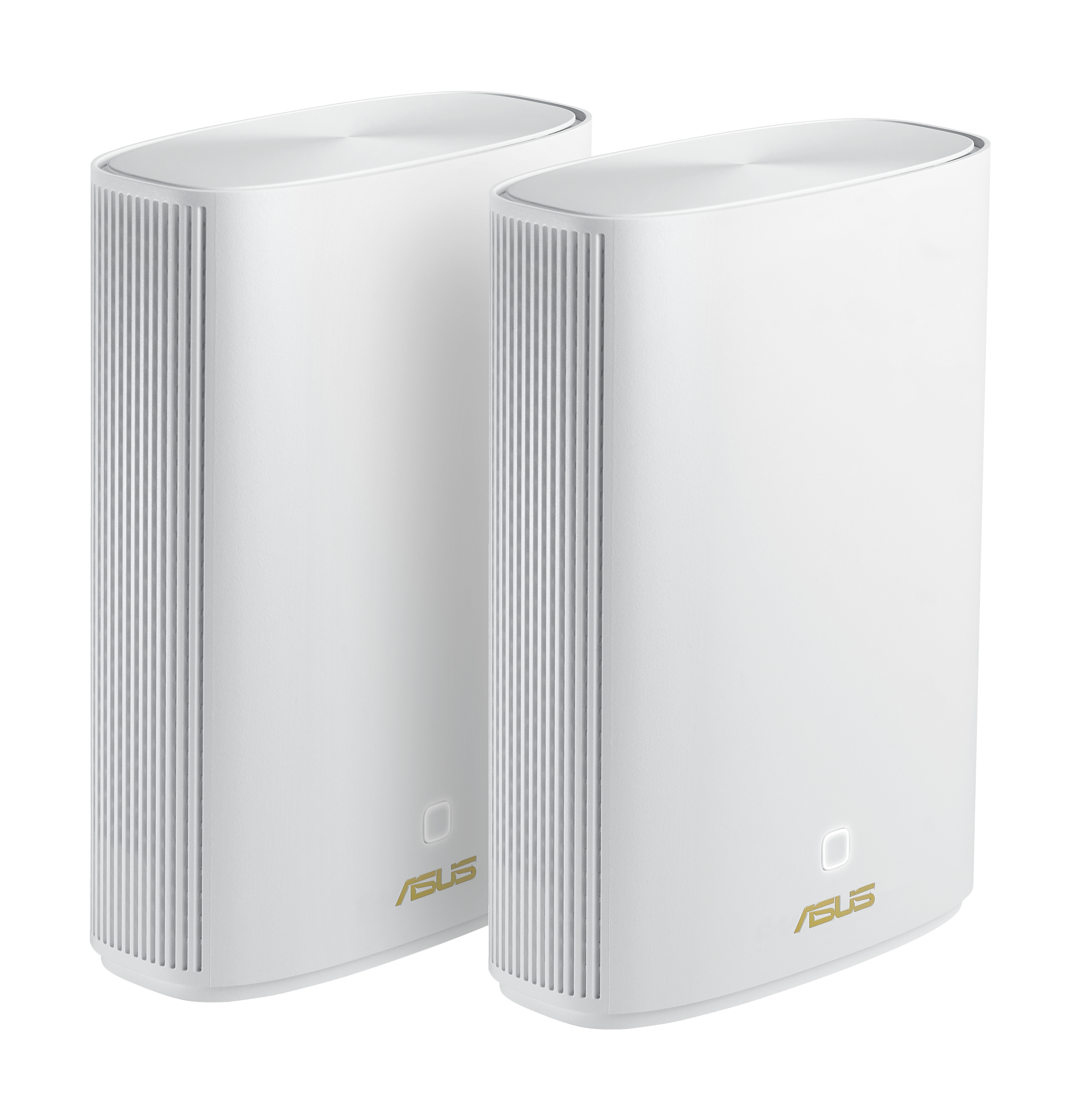 Due dispositivi rettangolari bianchi con linee verticali e logo ASUS dorato, su sfondo bianco.
